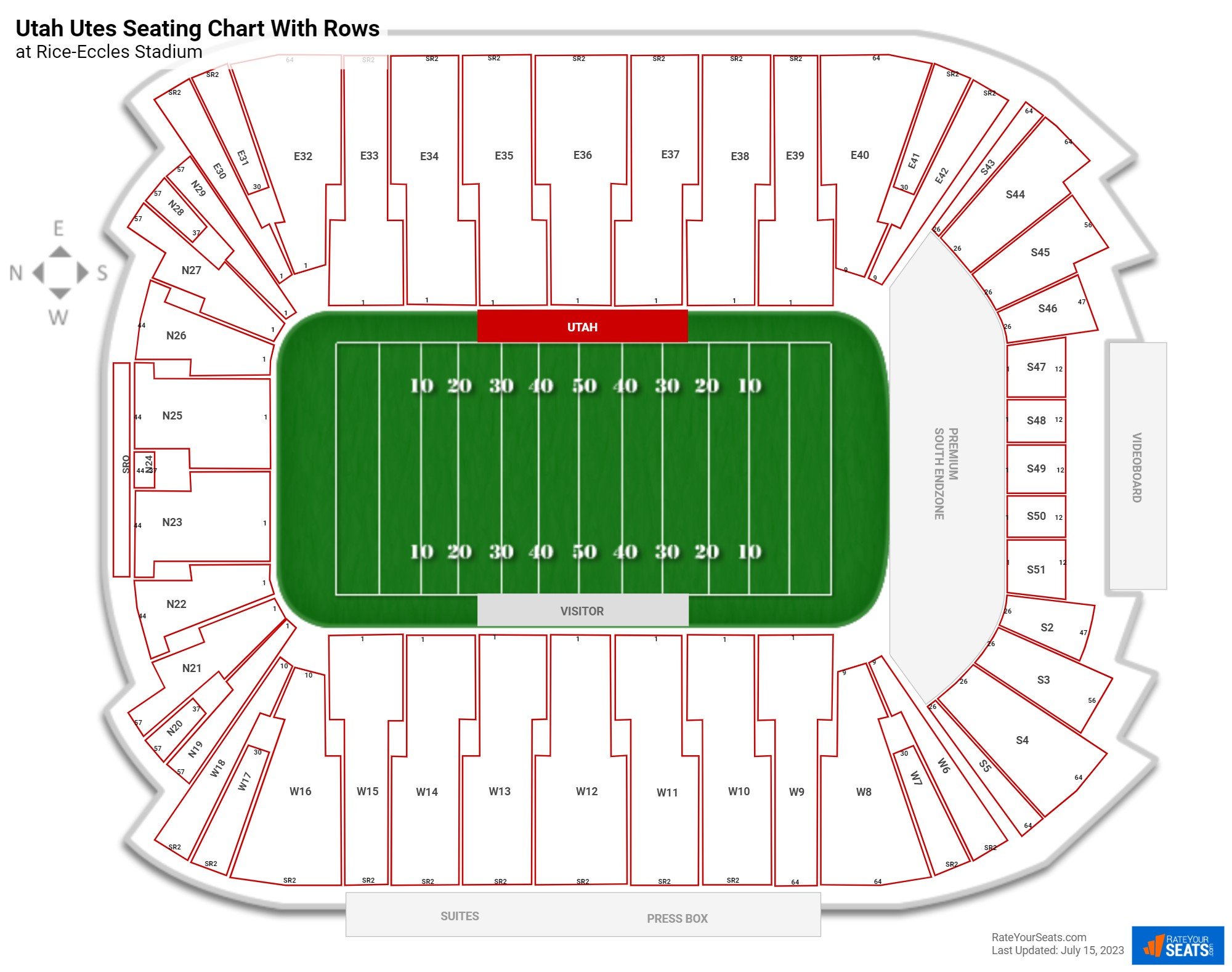 Rice-Eccles Stadium seating chart with row numbers