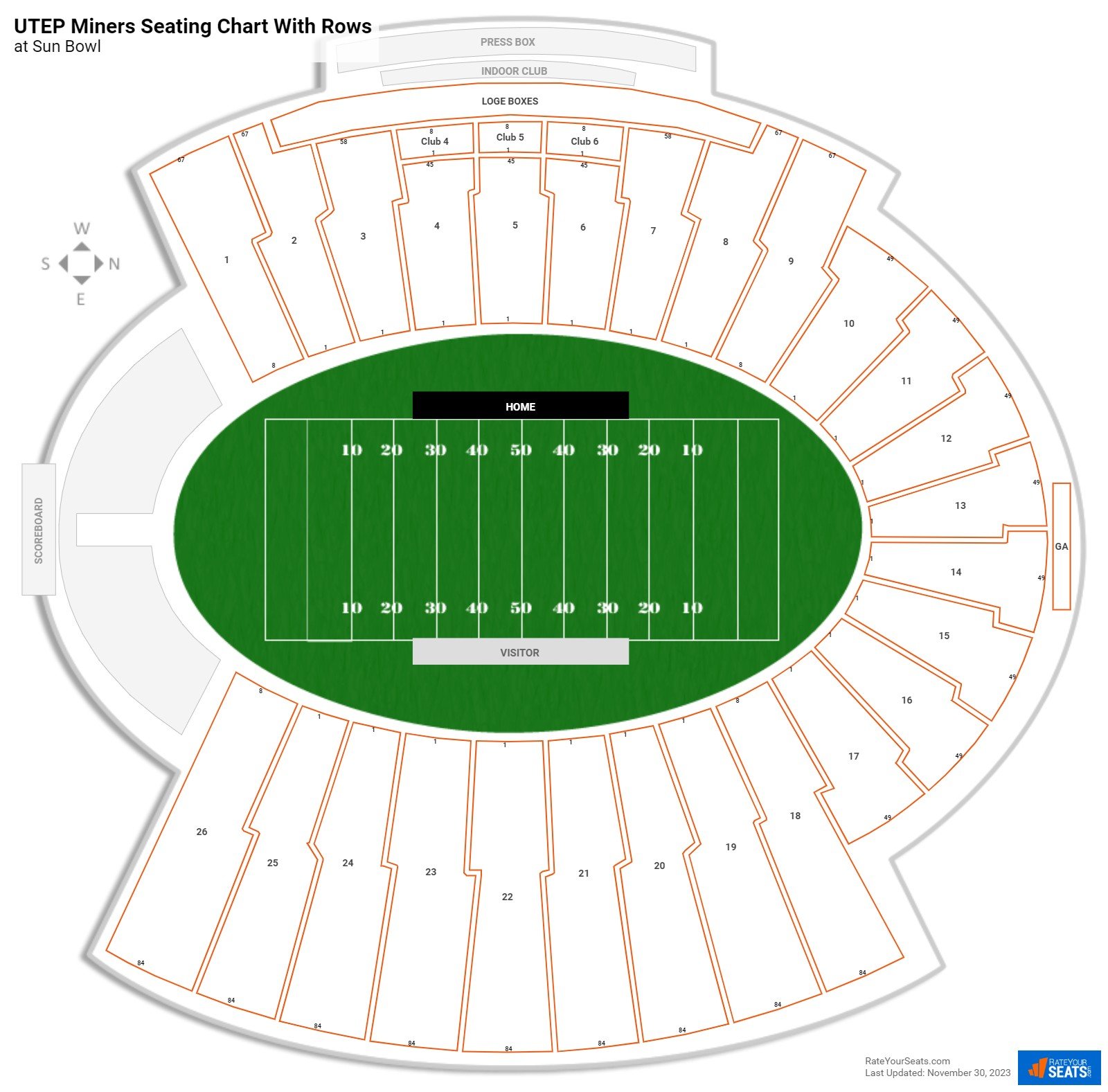 Sun Bowl seating chart with row numbers