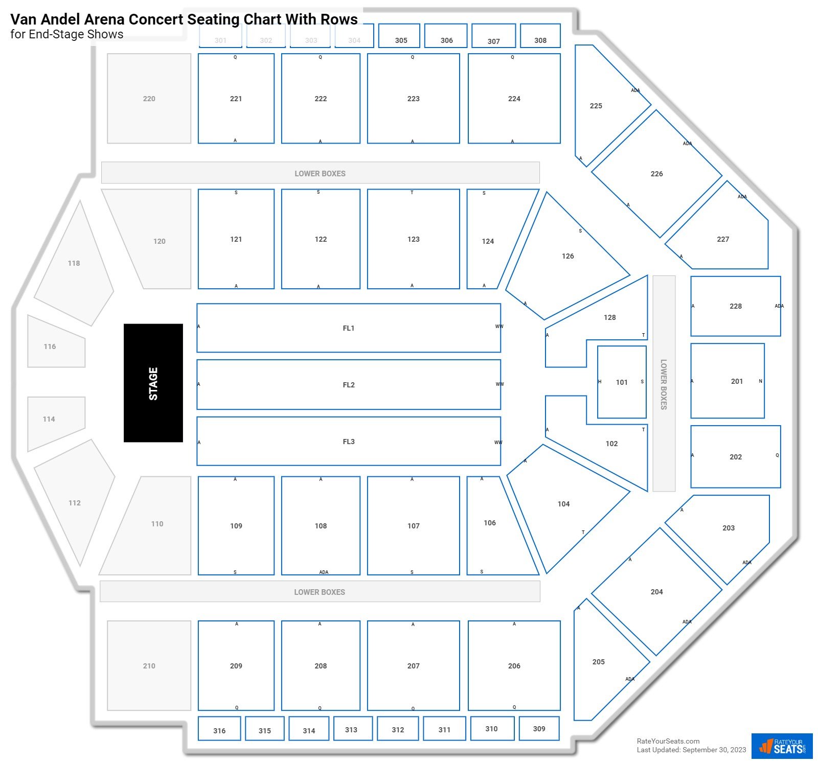 Van Andel Arena seating chart with row numbers
