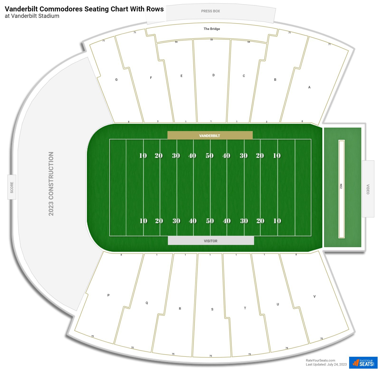 Vanderbilt Stadium seating chart with row numbers