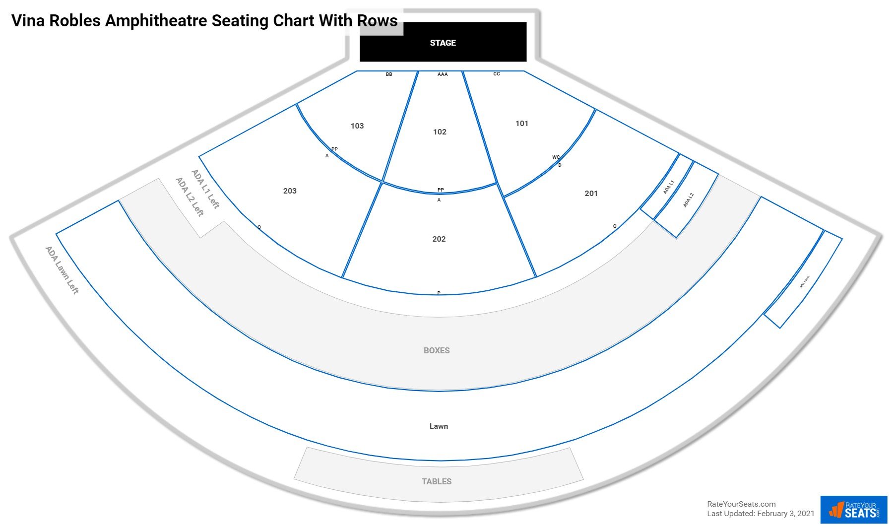 Vina Robles Amphitheatre seating chart with row numbers