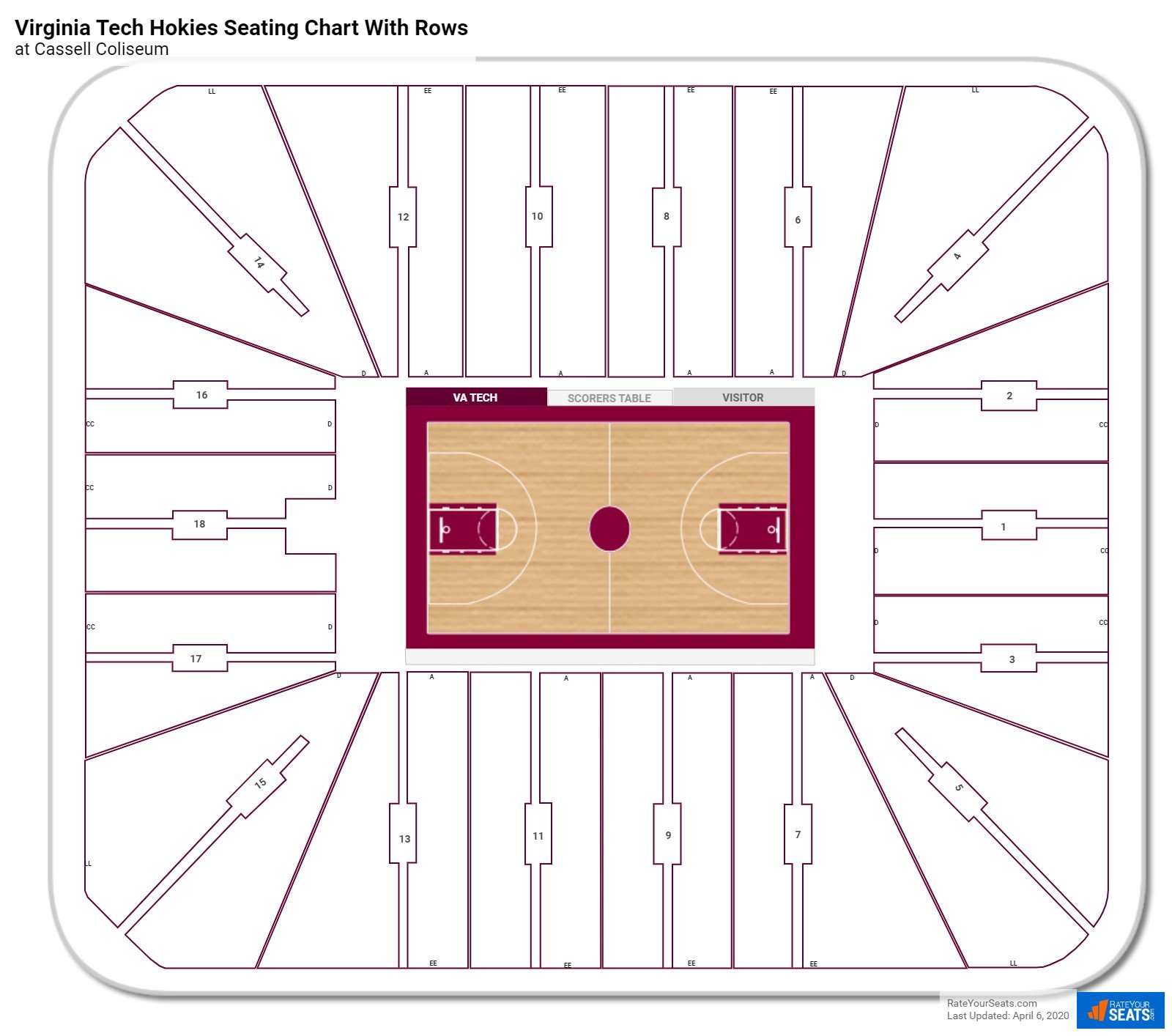 Cassell Coliseum seating chart with row numbers
