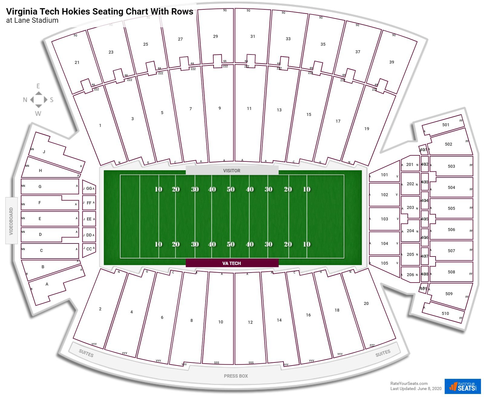 Lane Stadium seating chart with row numbers