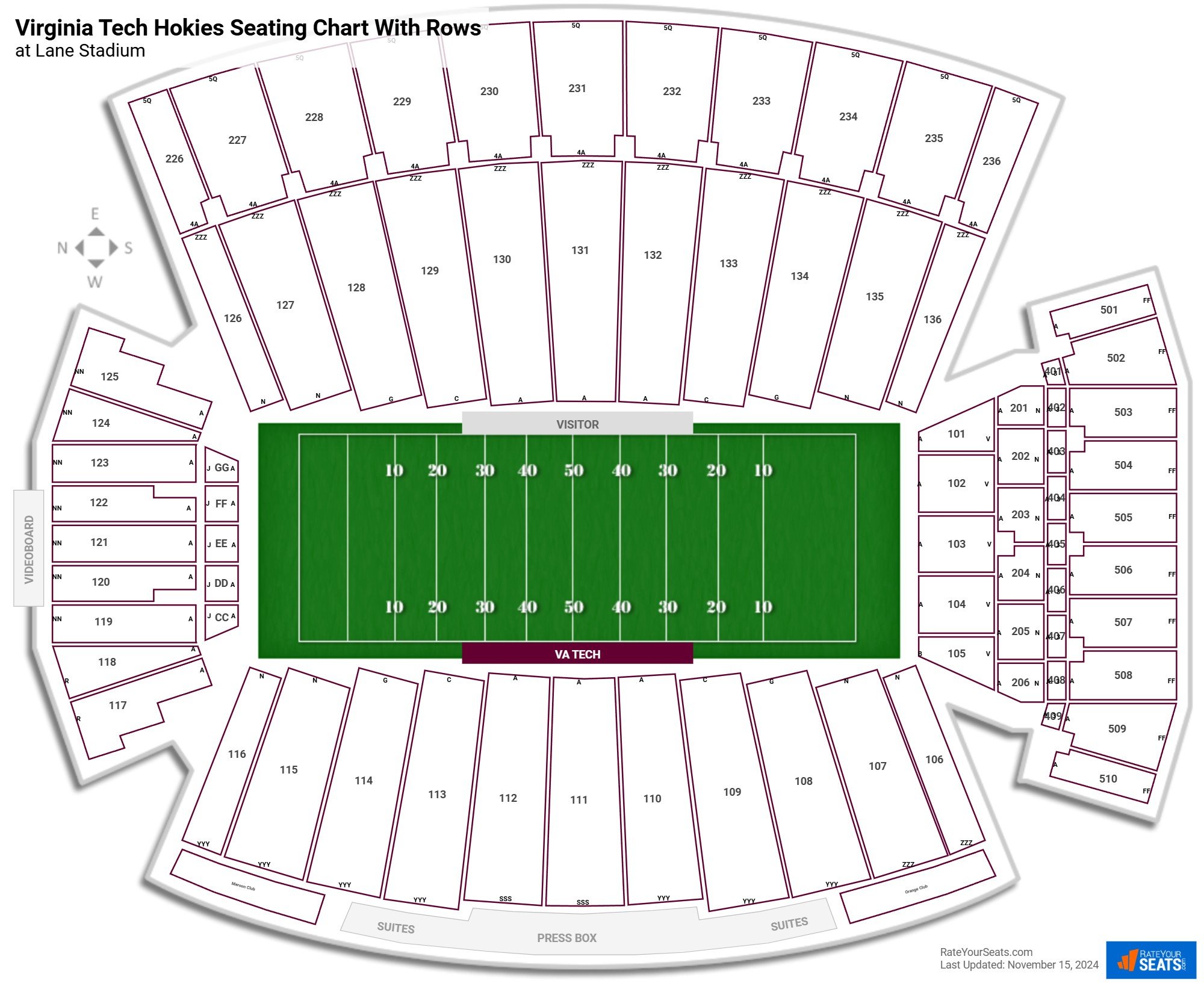Lane Stadium seating chart with row numbers