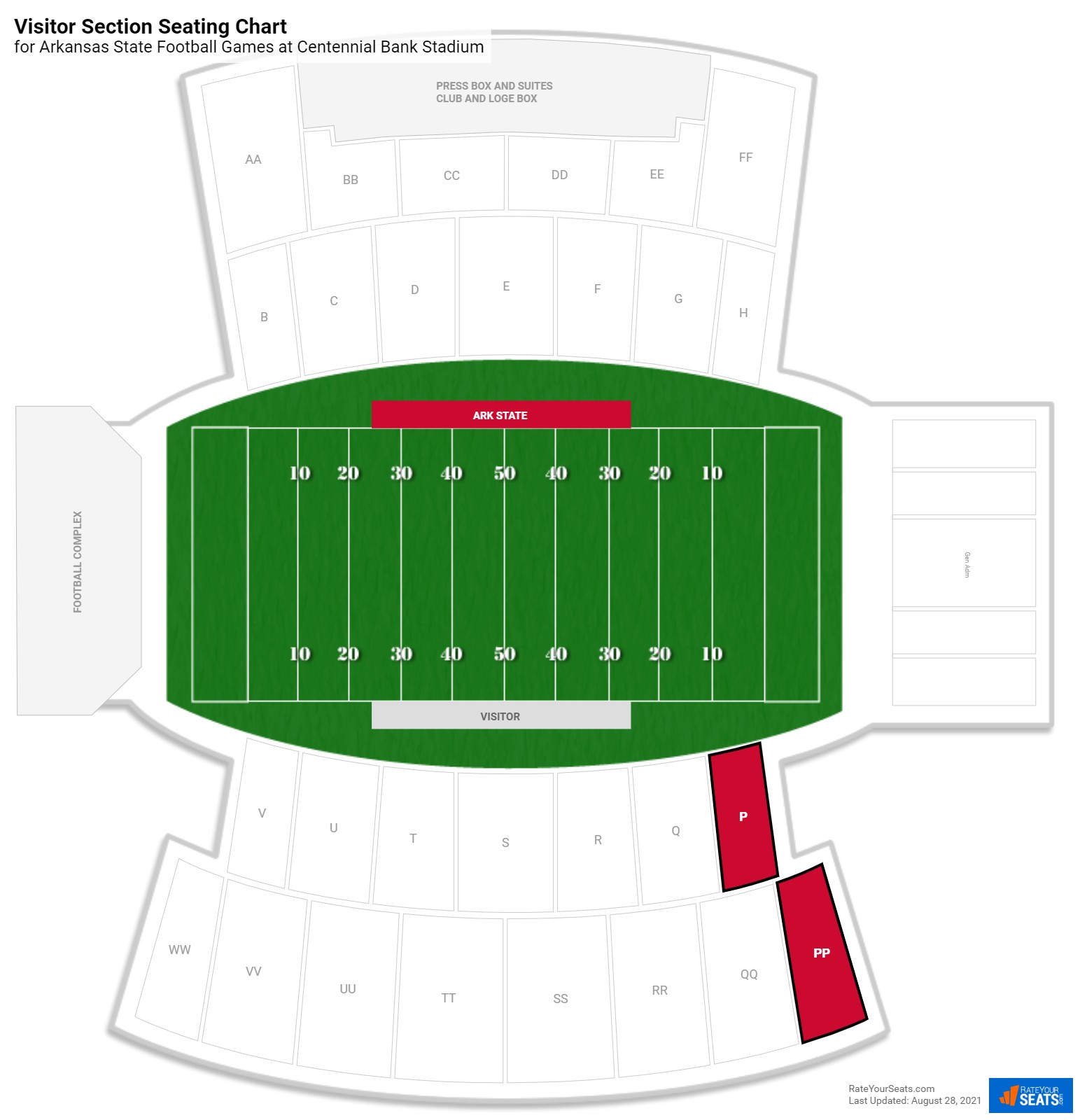 click to enlarge Arkansas State Visitor Section Seating Chart at Centennial Bank Stadium