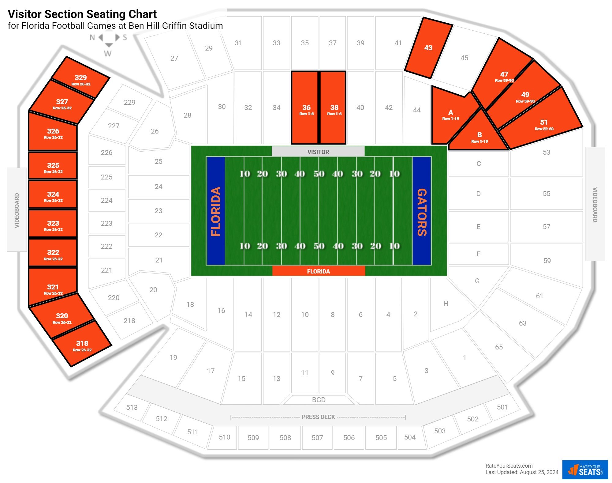 click to enlarge Florida Visitor Section Seating Chart at Ben Hill Griffin Stadium