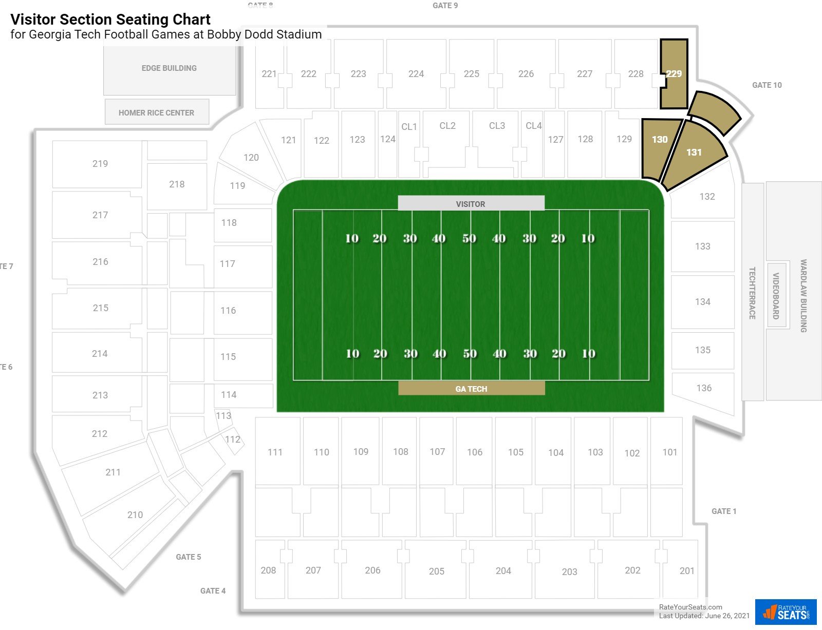 click to enlarge Georgia Tech Visitor Section Seating Chart at Bobby Dodd Stadium