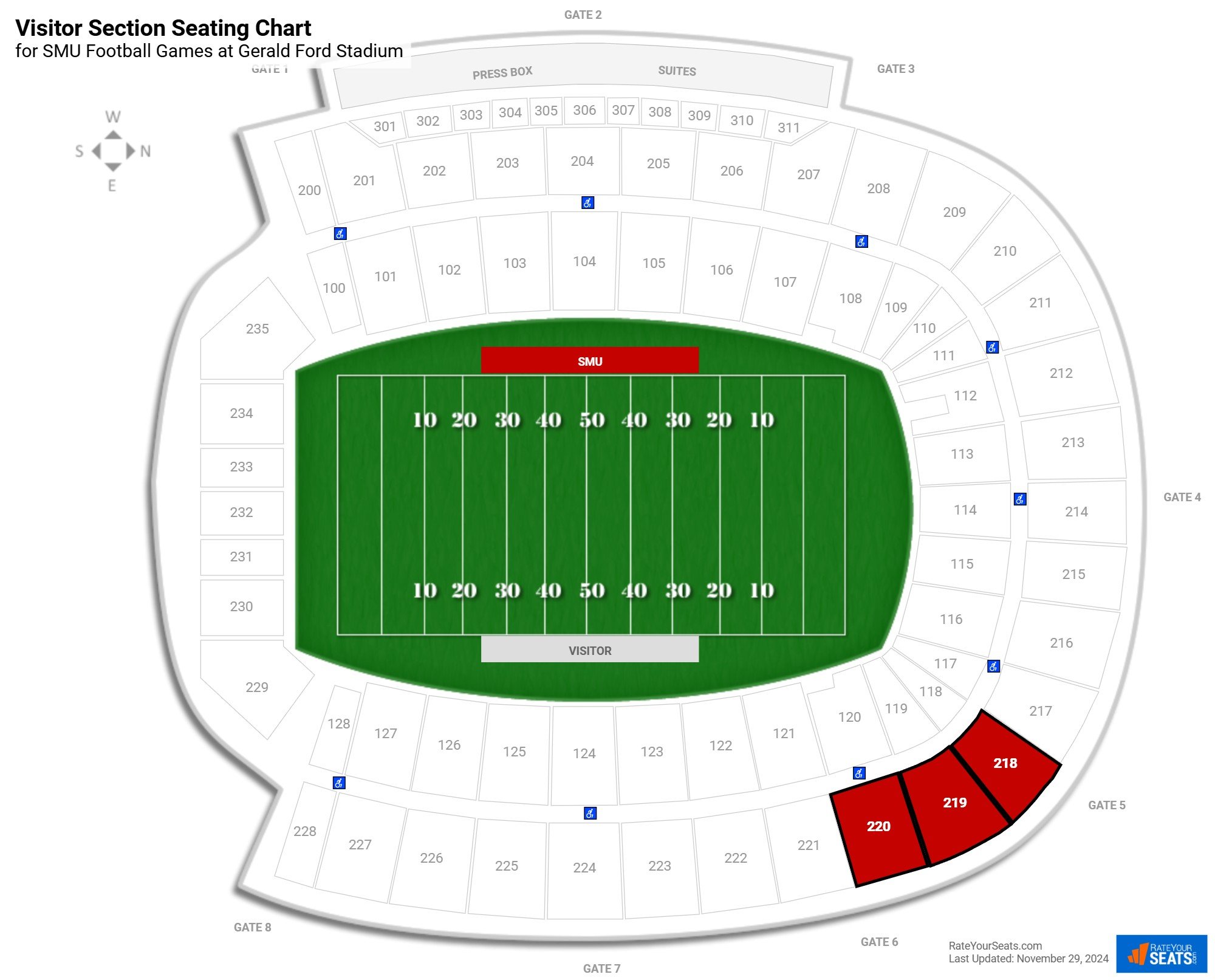click to enlarge SMU Visitor Section Seating Chart at Gerald Ford Stadium