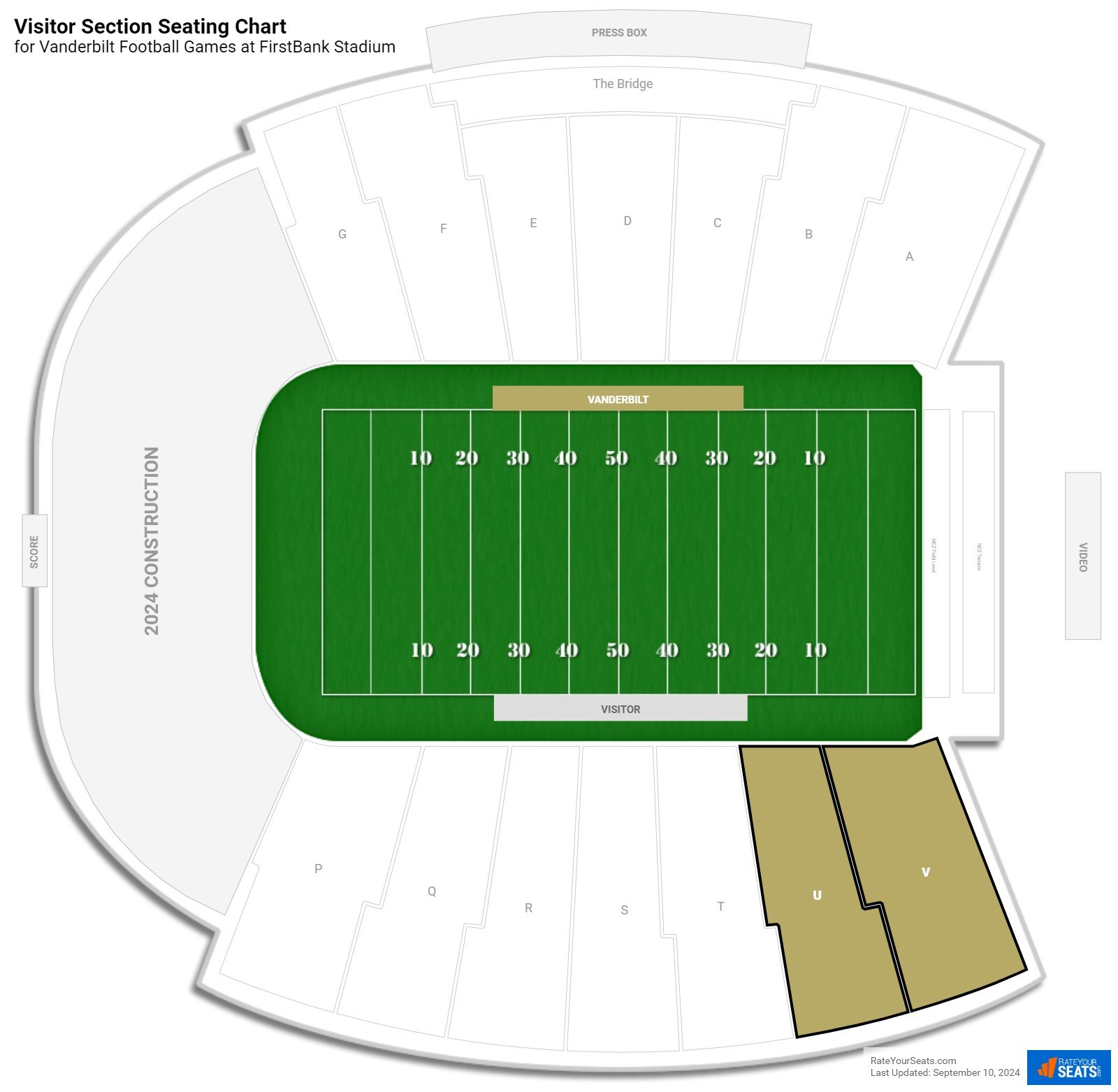 click to enlarge Vanderbilt Visitor Section Seating Chart at Vanderbilt Stadium