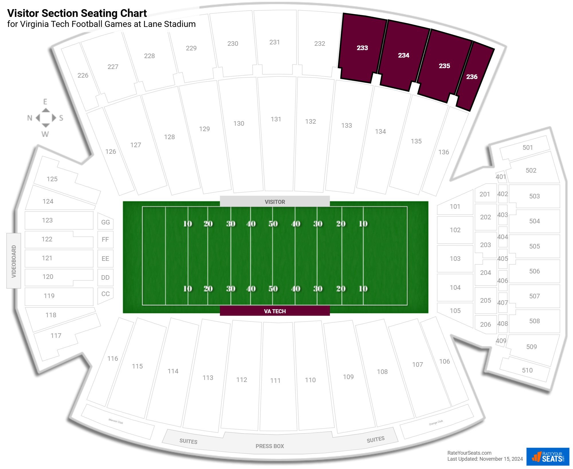 click to enlarge Virginia Tech Visitor Section Seating Chart at Lane Stadium