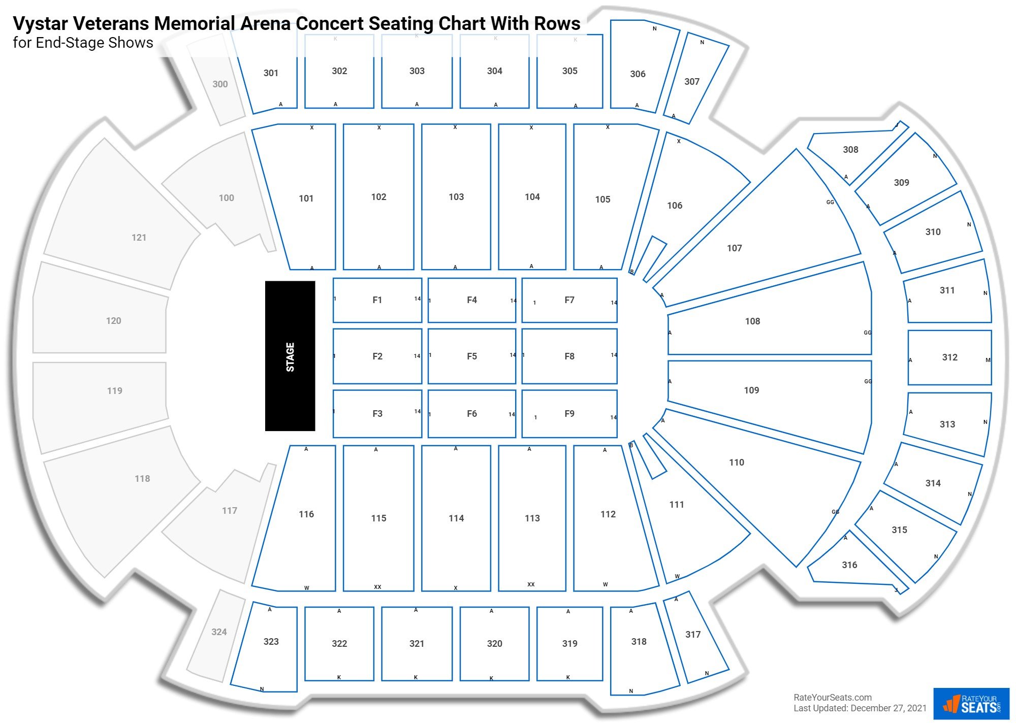 Vystar Veterans Memorial Arena seating chart with row numbers