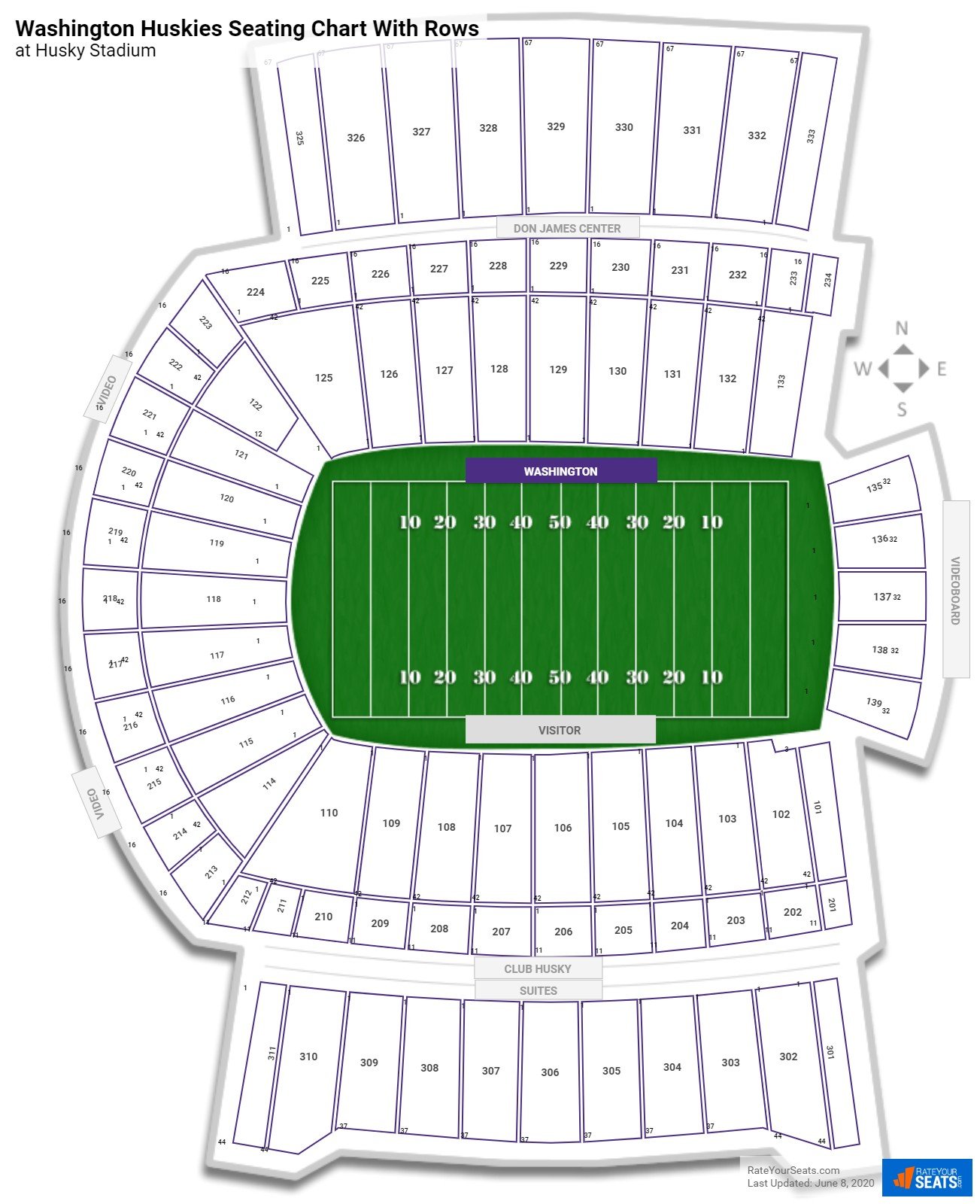 Husky Stadium seating chart with row numbers