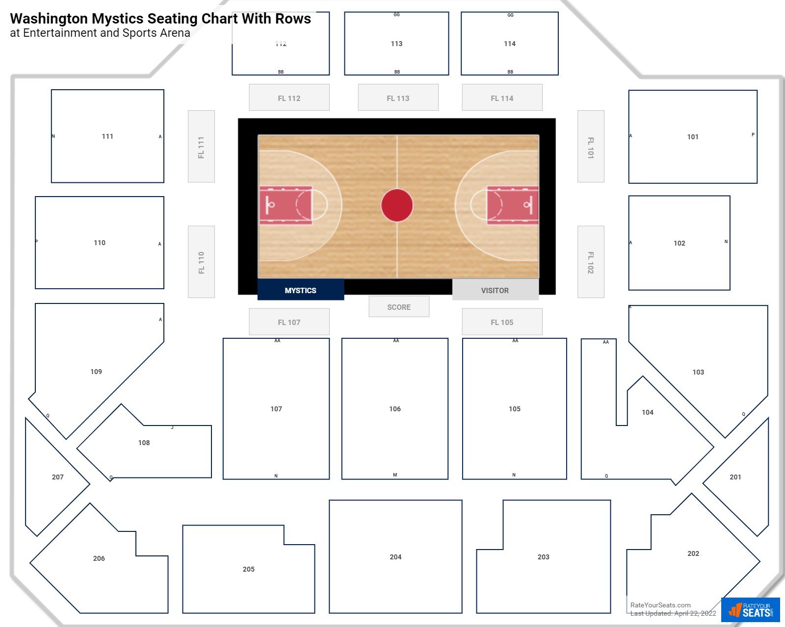 Entertainment and Sports Arena seating chart with row numbers