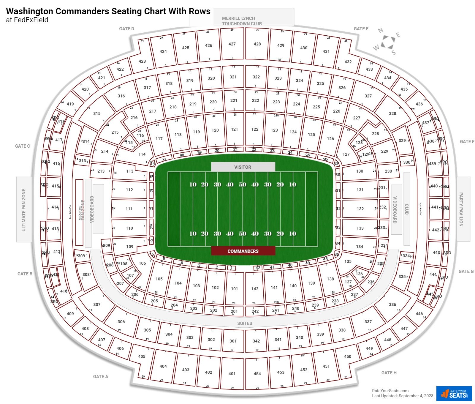 FedExField seating chart with row numbers