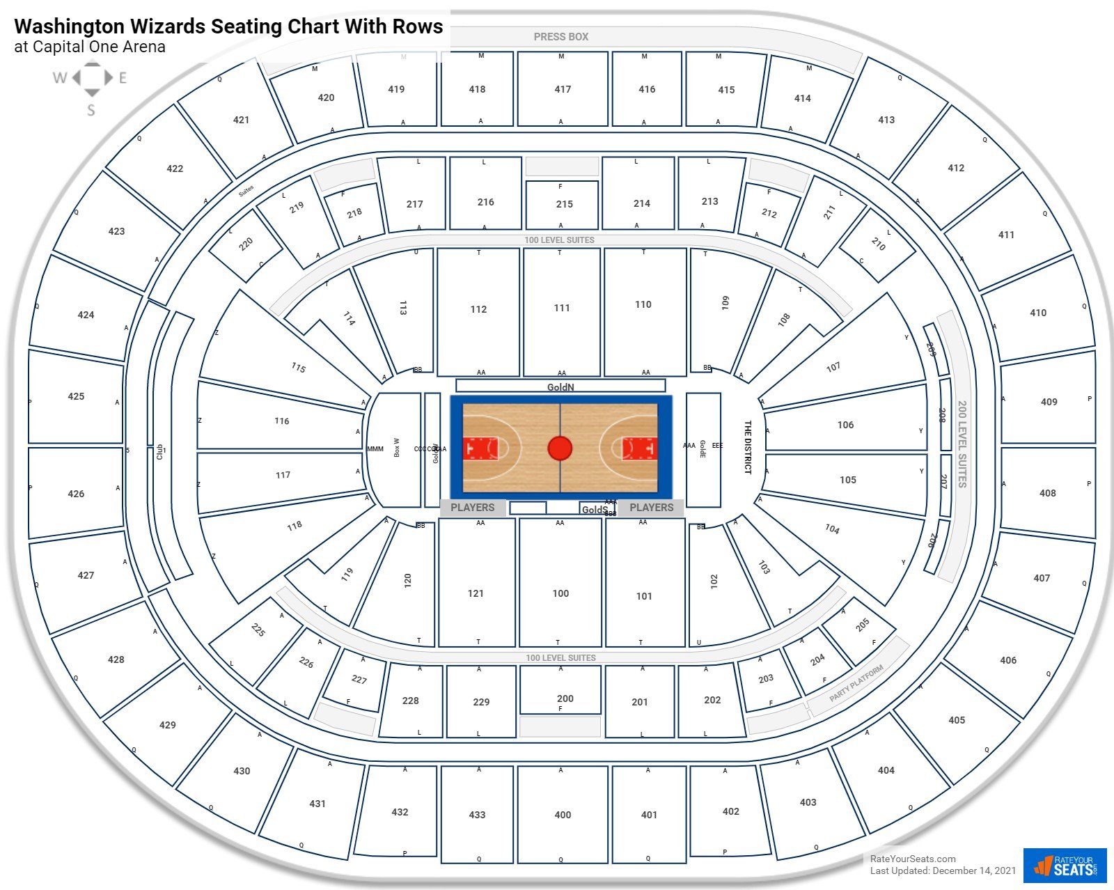 Capital One Arena seating chart with row numbers