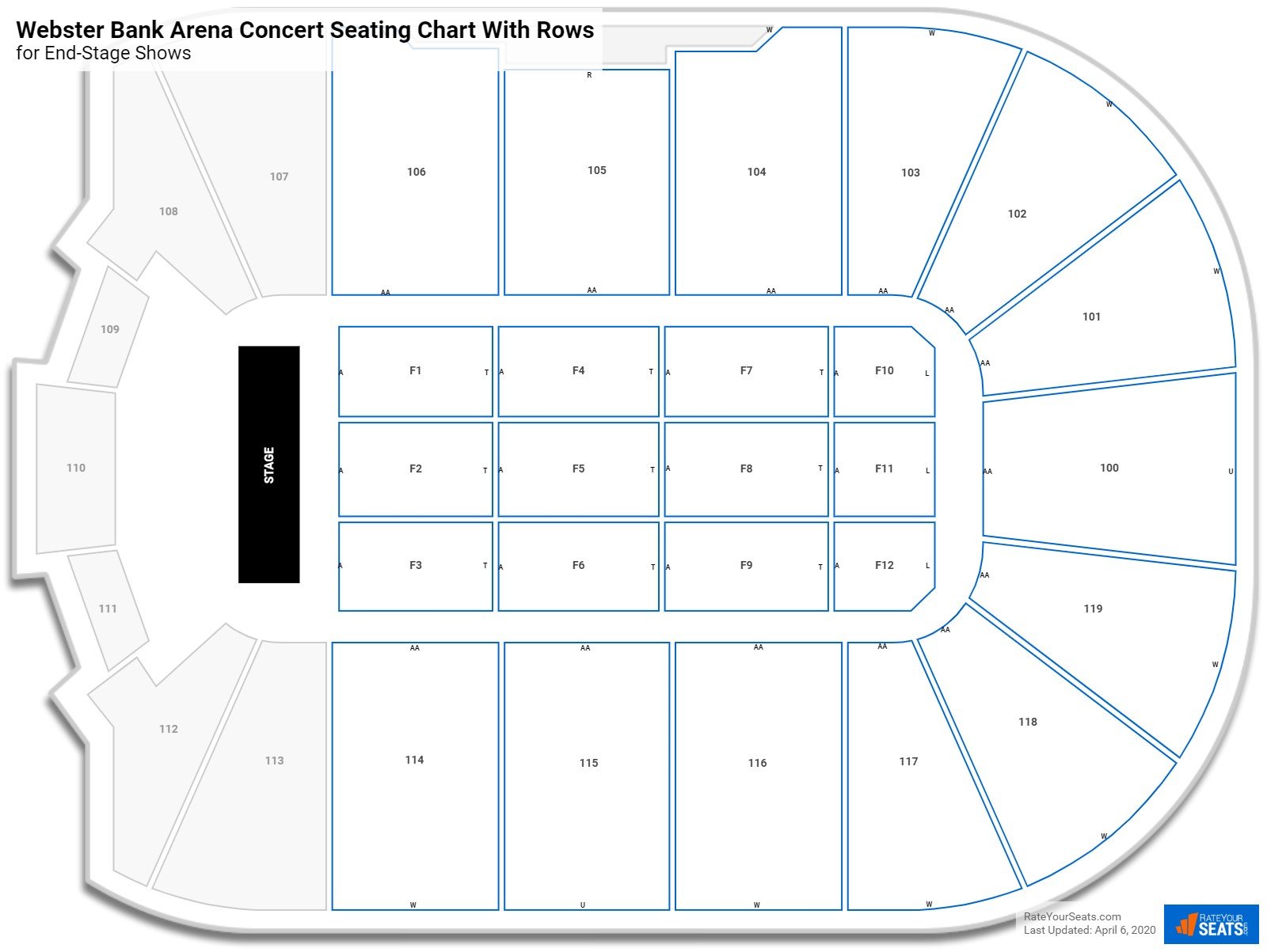 Webster Bank Arena seating chart with row numbers