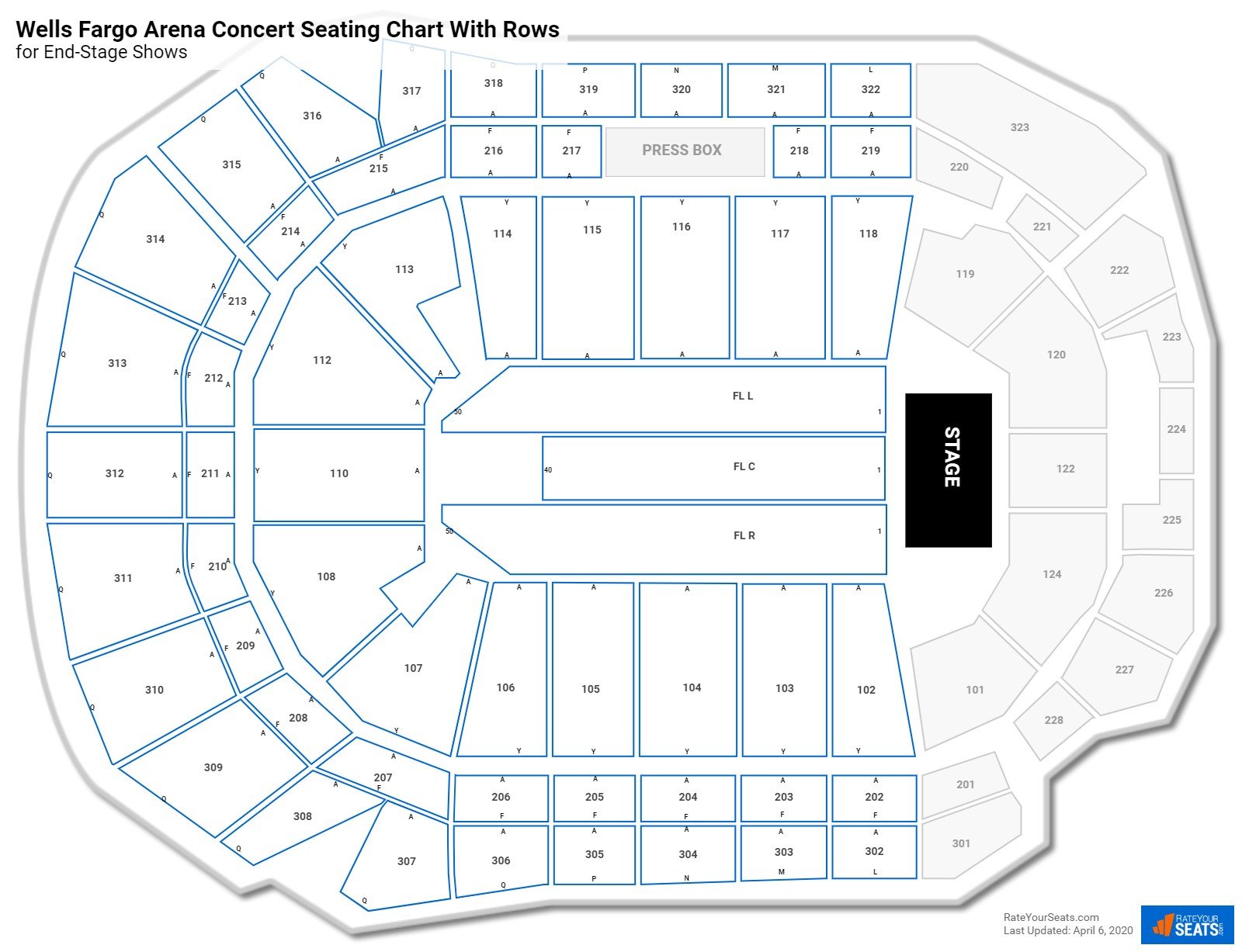 Wells Fargo Arena seating chart with row numbers