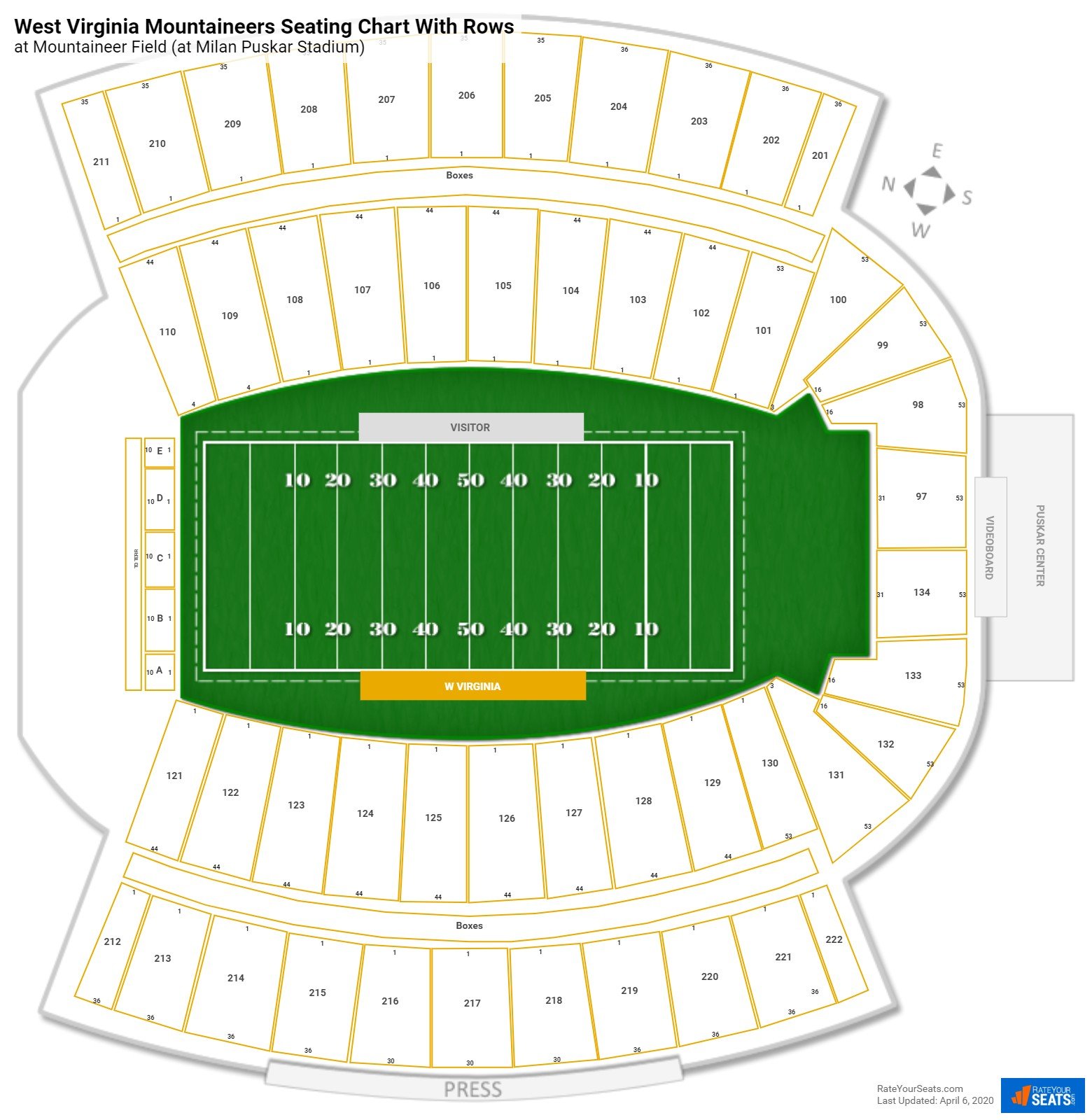 Mountaineer Field seating chart with row numbers