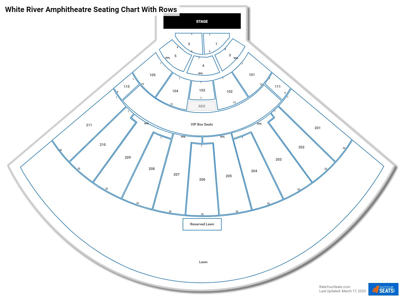 White River Amphitheatre seating chart with row numbers