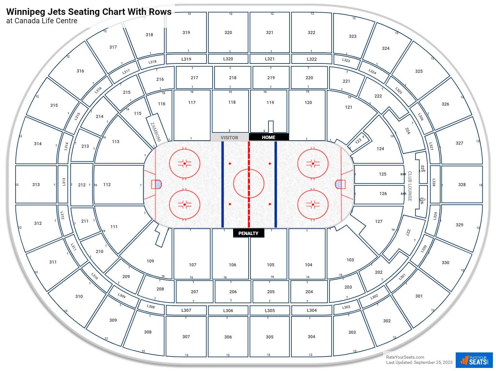 Canada Life Centre seating chart with row numbers