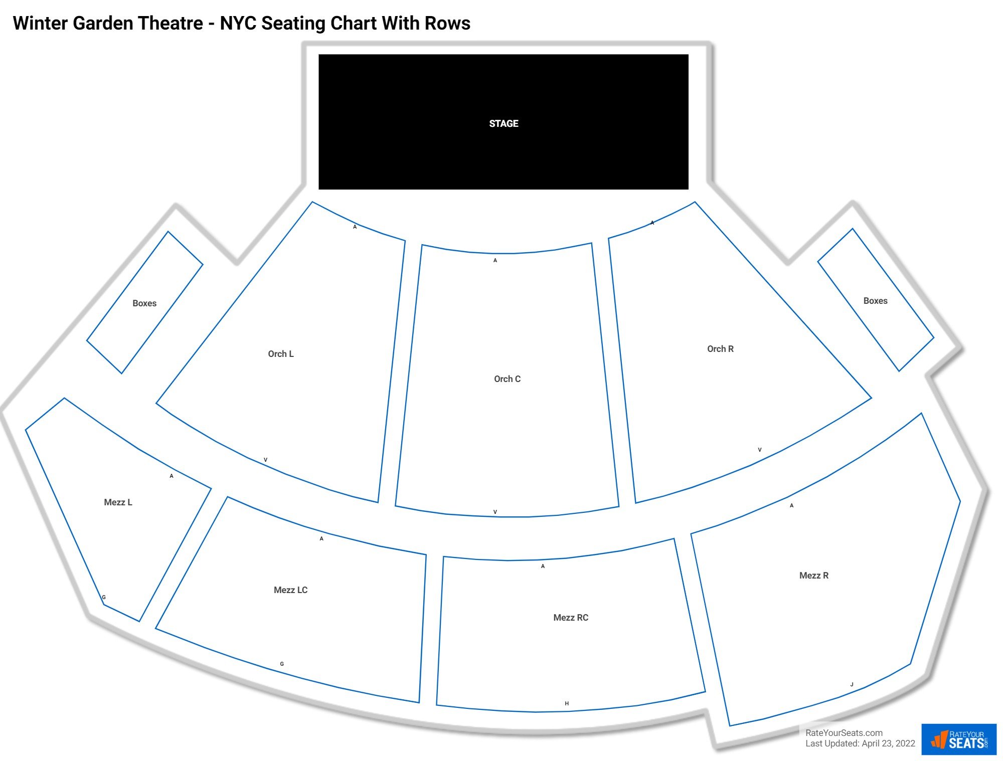 Winter Garden Theatre - NYC seating chart with row numbers