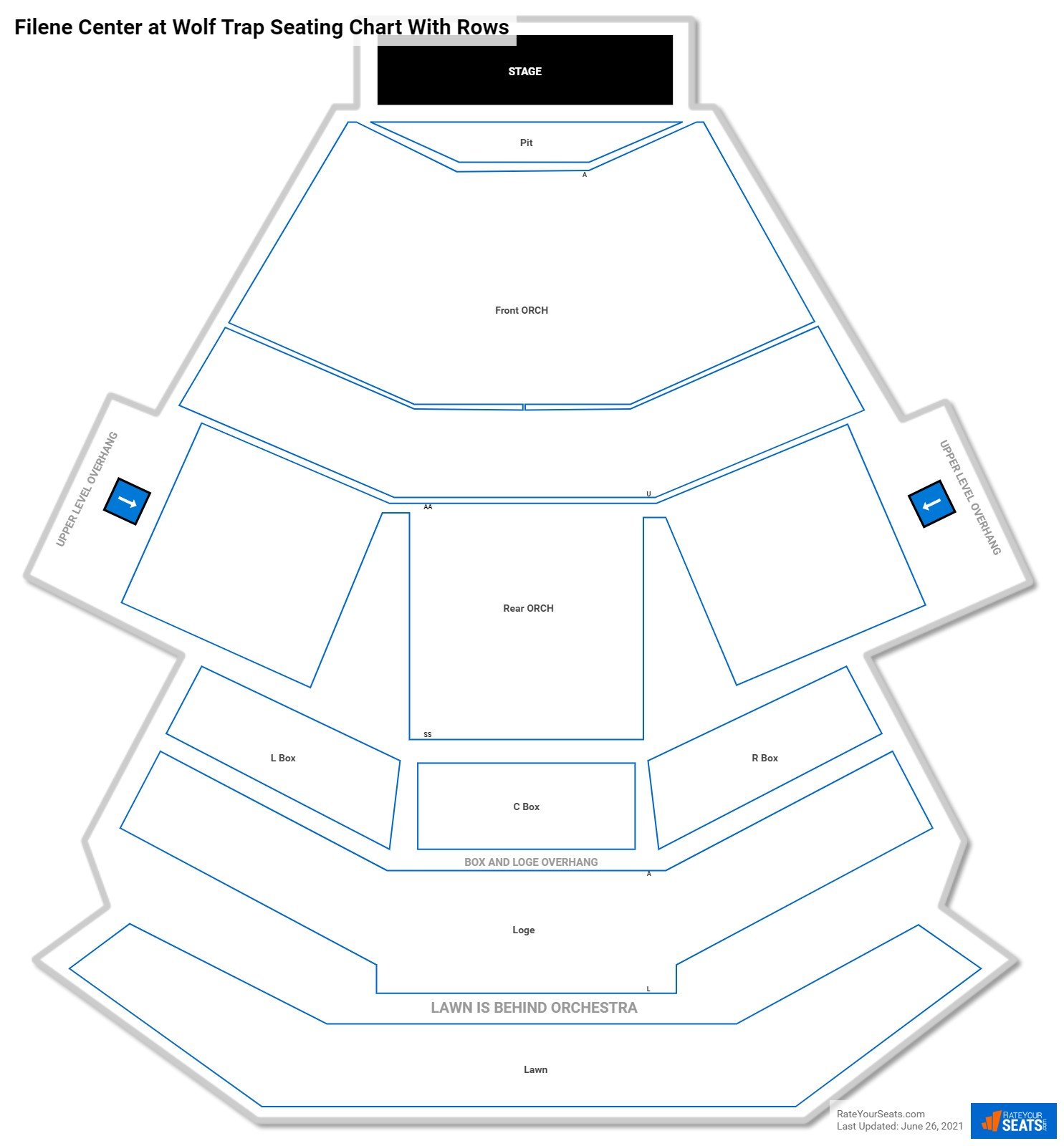 Filene Center at Wolf Trap seating chart with row numbers