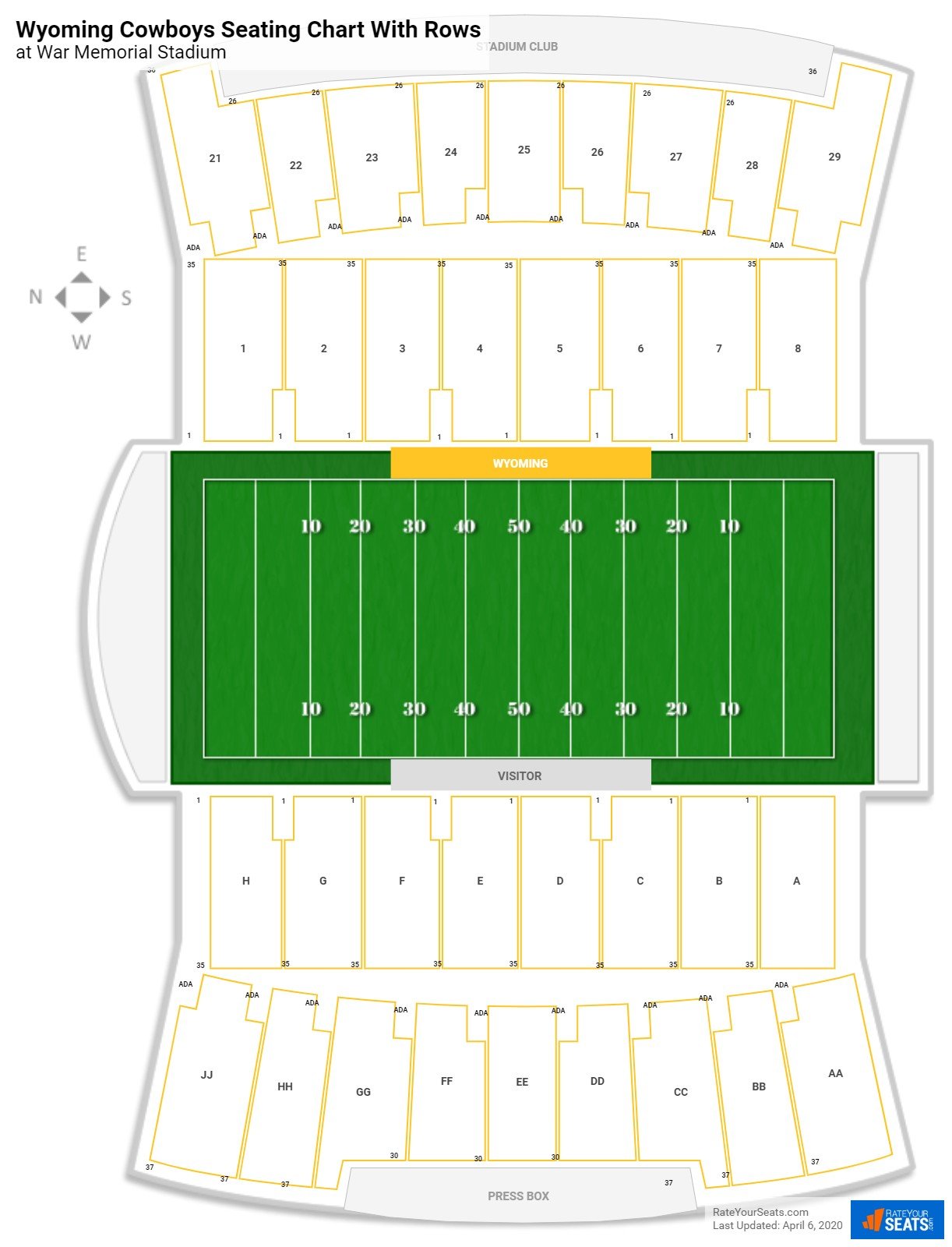 War Memorial Stadium seating chart with row numbers