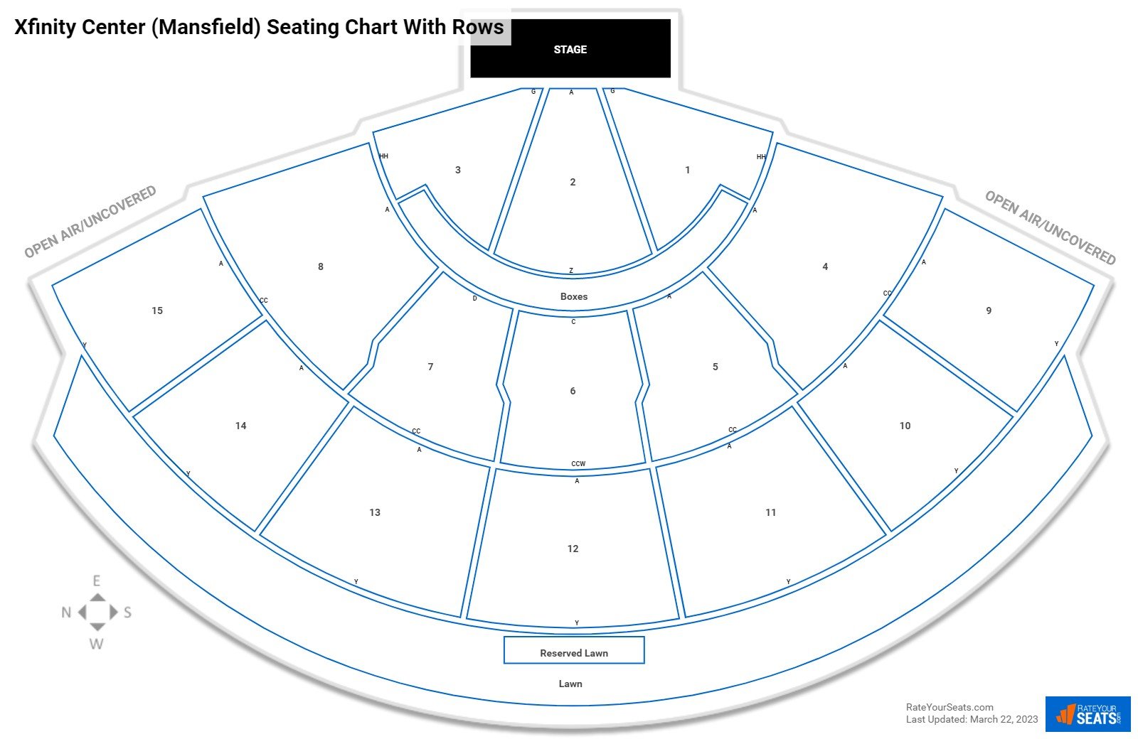 Xfinity Center (Mansfield) seating chart with row numbers
