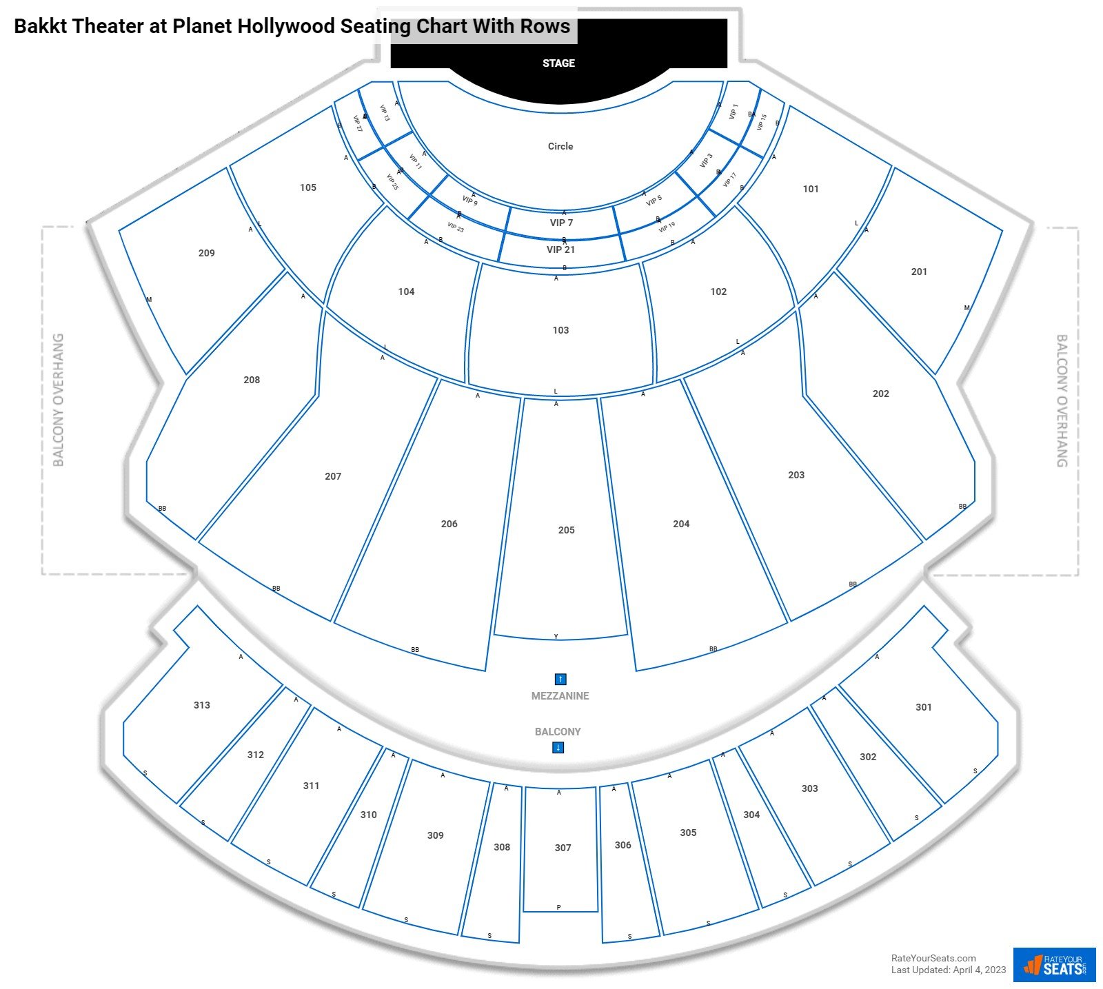 Zappos Theater (Planet Hollywood) seating chart with row numbers