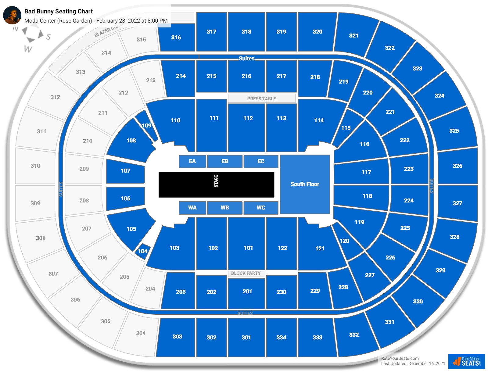 Bad Bunny seating chart Moda Center (Rose Garden)