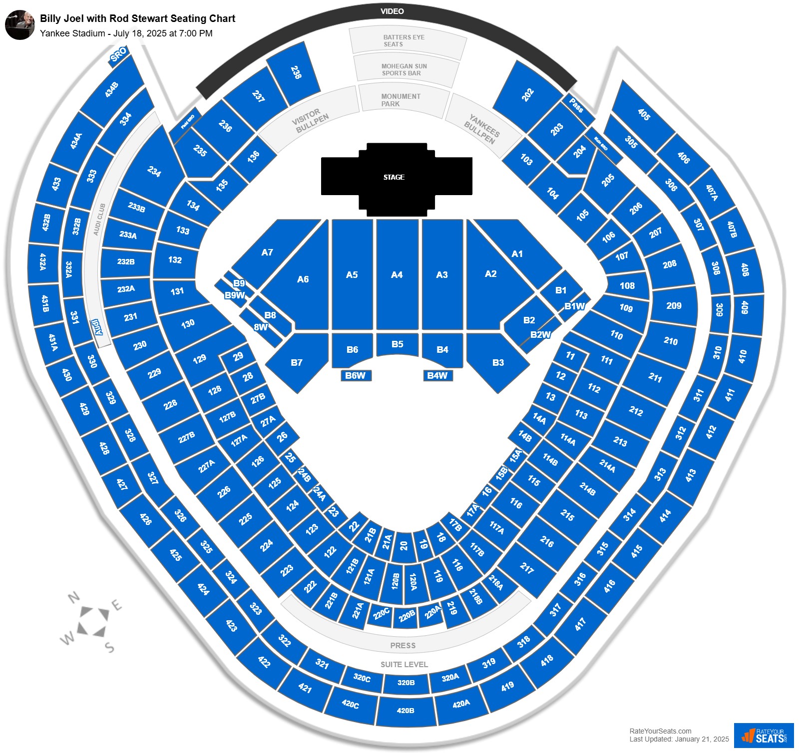 Billy Joel with Rod Stewart seating chart Yankee Stadium
