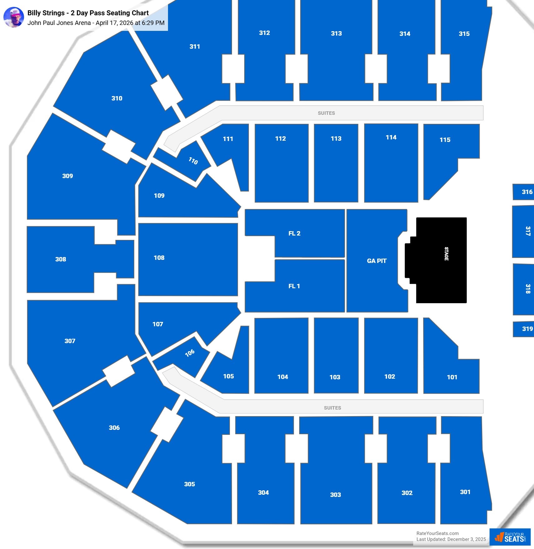 Billy Strings - 2 Day Pass seating chart John Paul Jones Arena