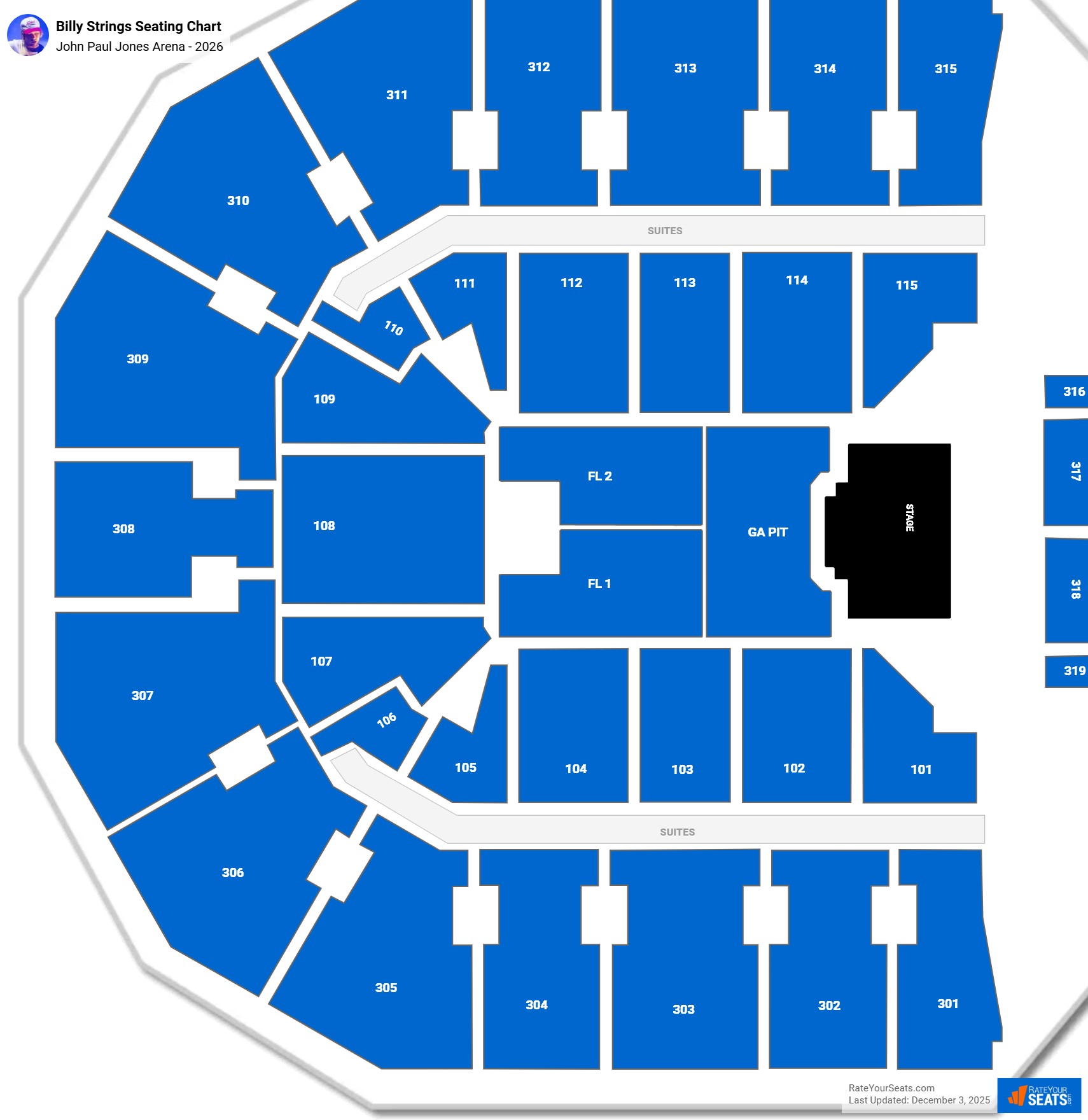 Billy Strings seating chart John Paul Jones Arena