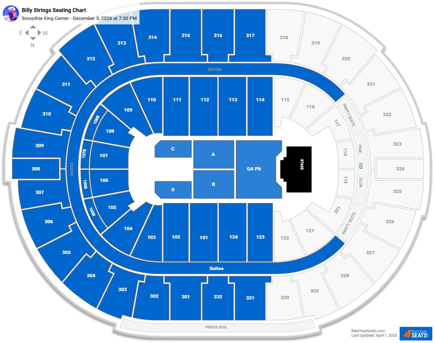 Billy Strings seating chart Smoothie King Center