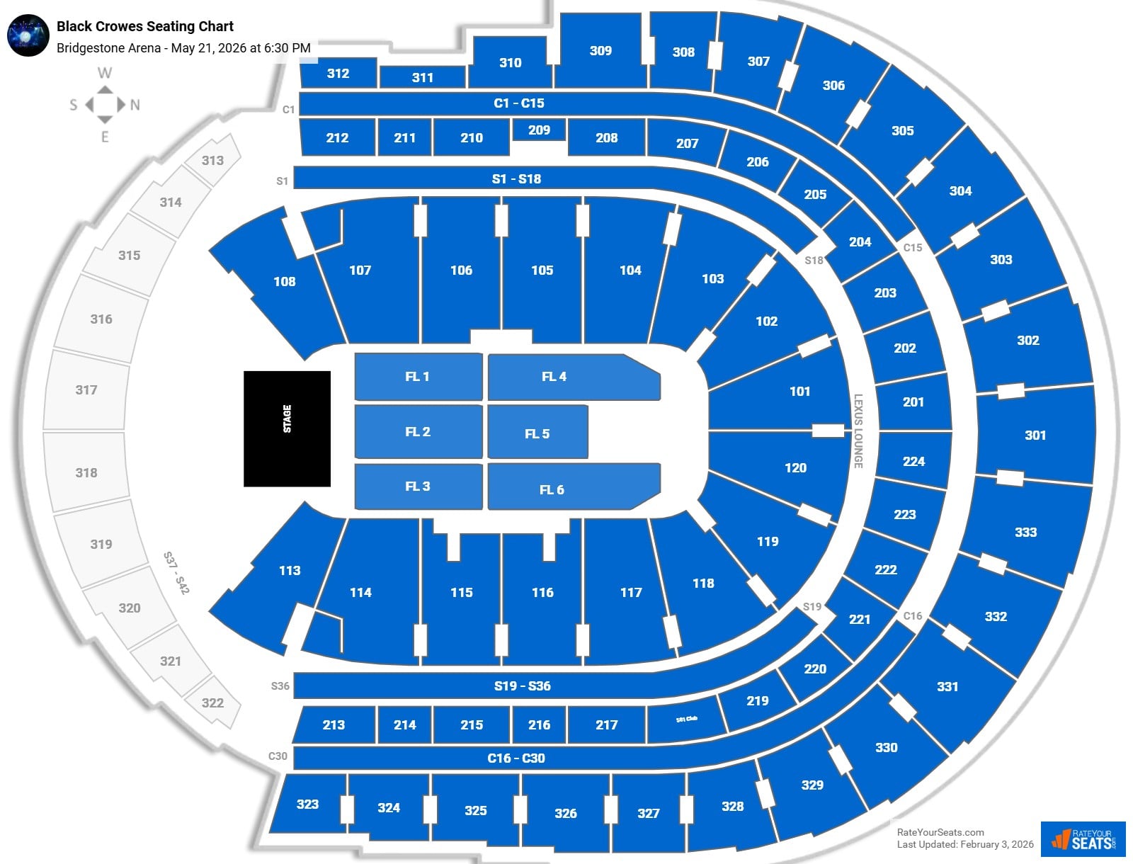 Black Crowes seating chart Bridgestone Arena