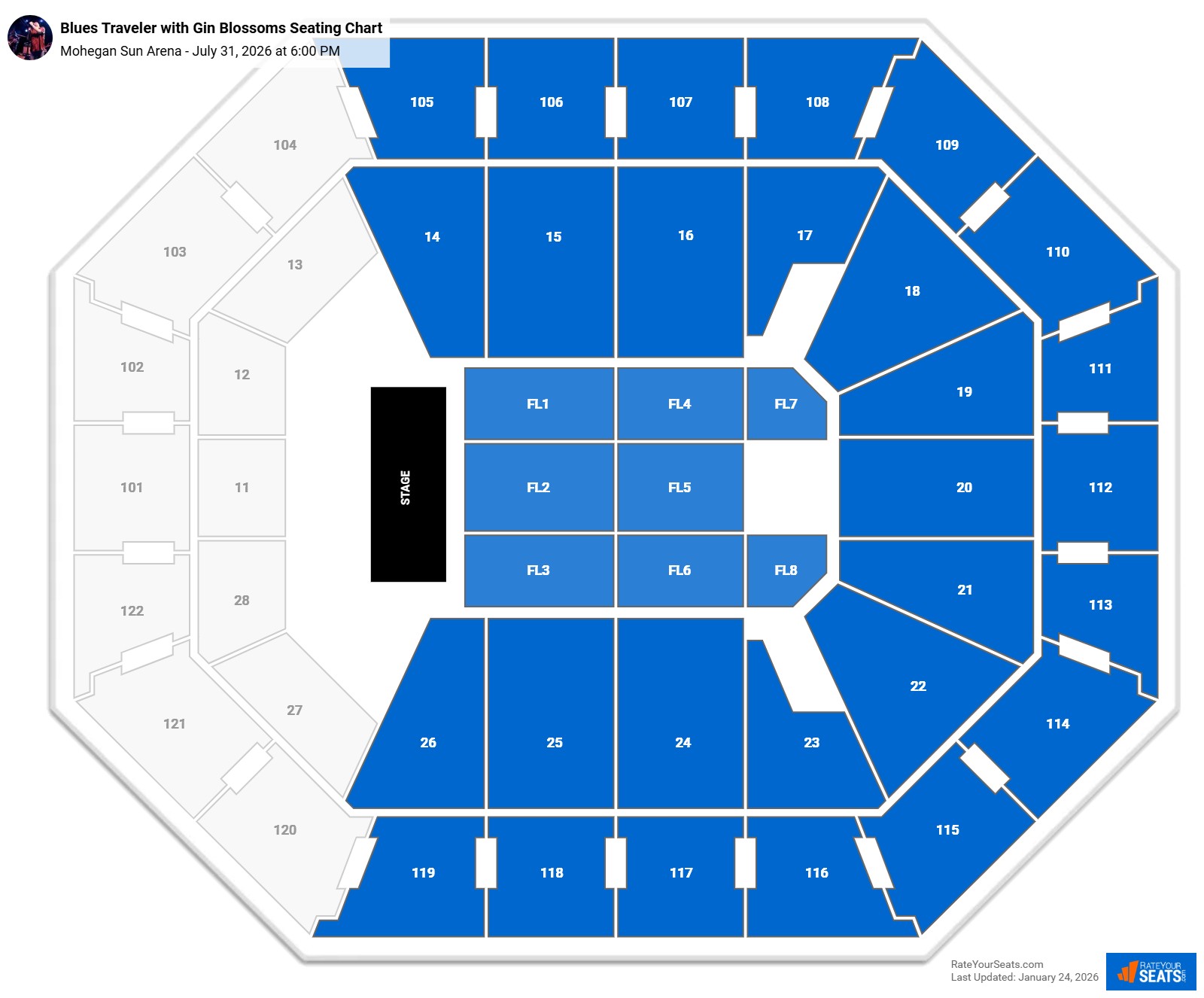 Blues Traveler with Gin Blossoms seating chart Mohegan Sun Arena