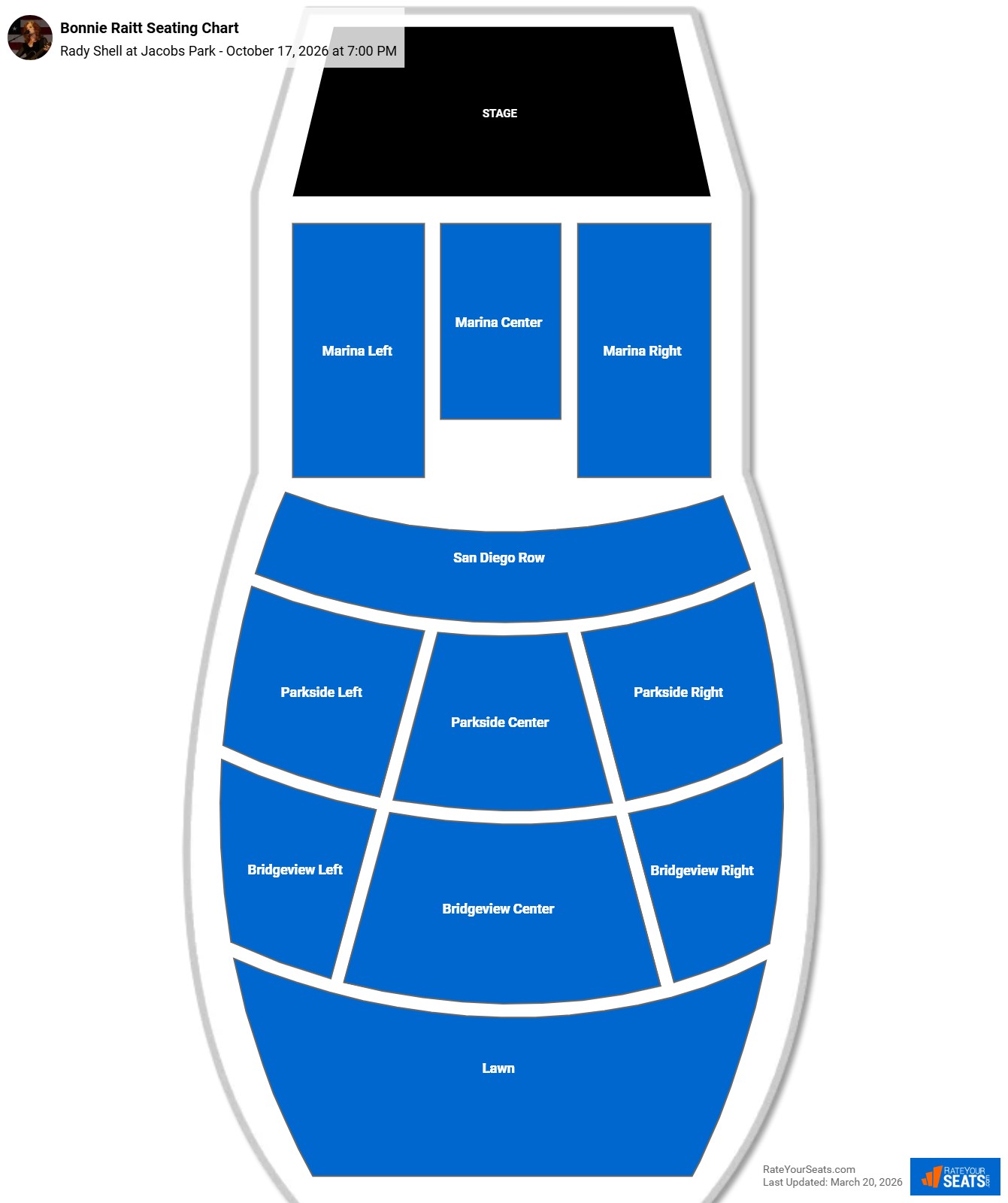 Bonnie Raitt seating chart Rady Shell at Jacobs Park