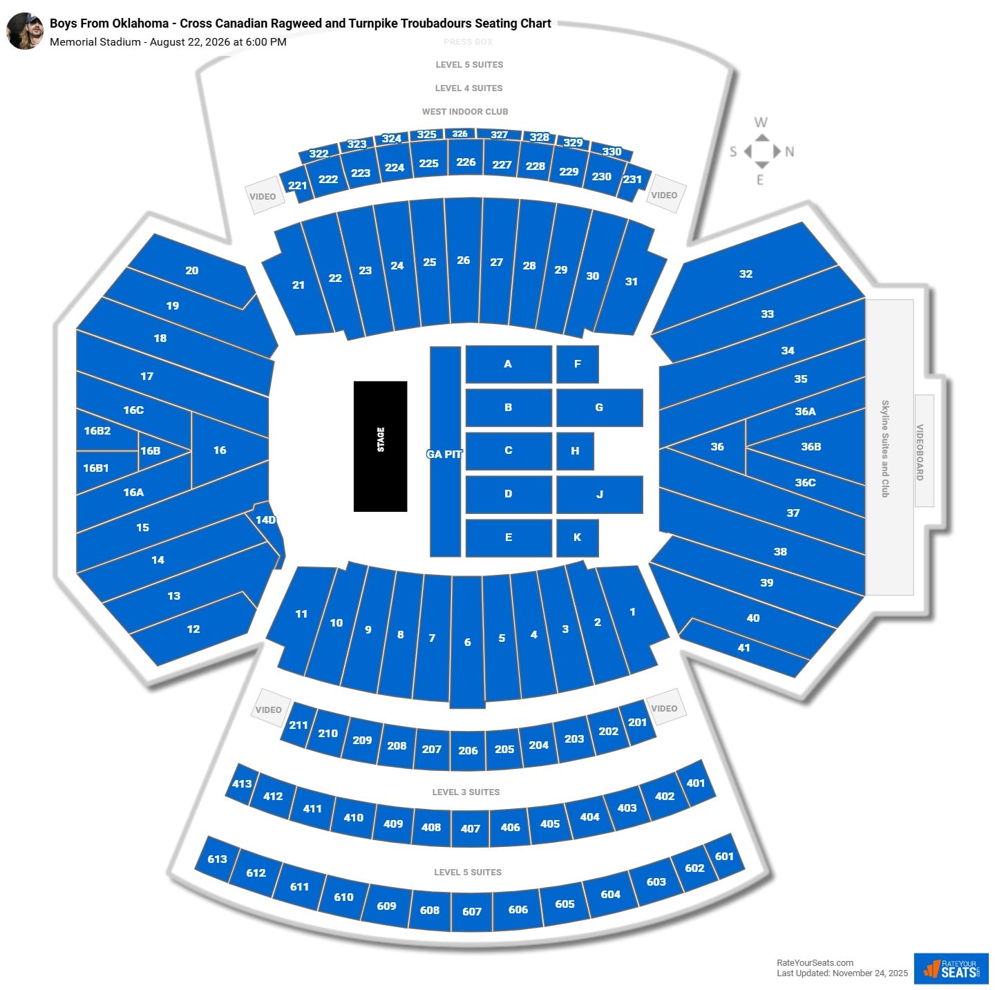 Boys From Oklahoma - Cross Canadian Ragweed and Turnpike Troubadours seating chart Memorial Stadium (Nebraska)