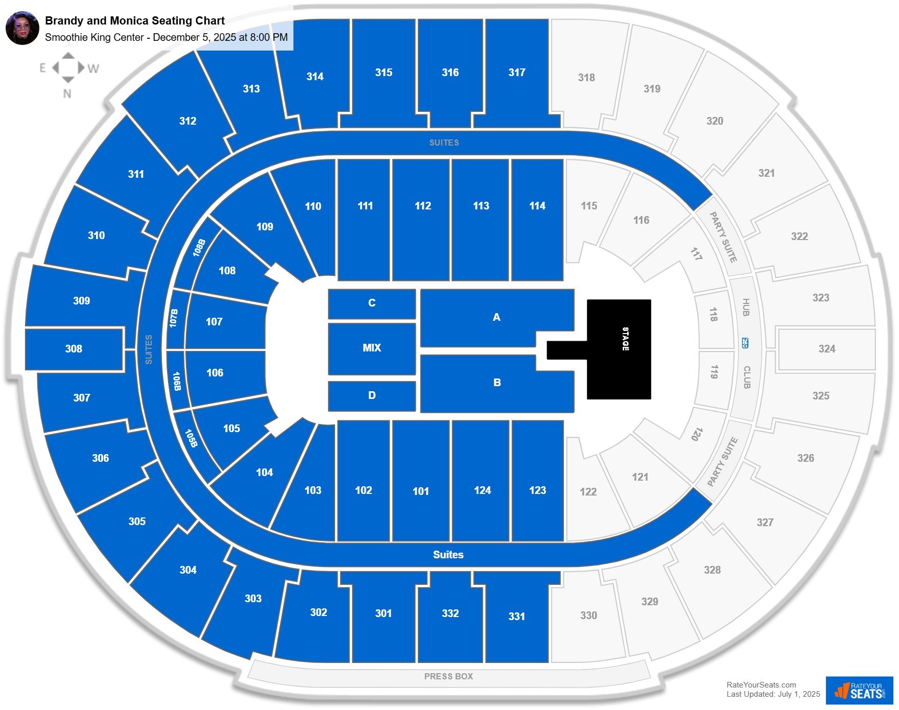 Brandy and Monica seating chart Smoothie King Center