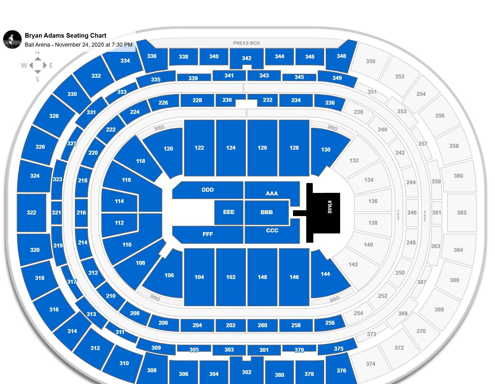 Bryan Adams seating chart Ball Arena