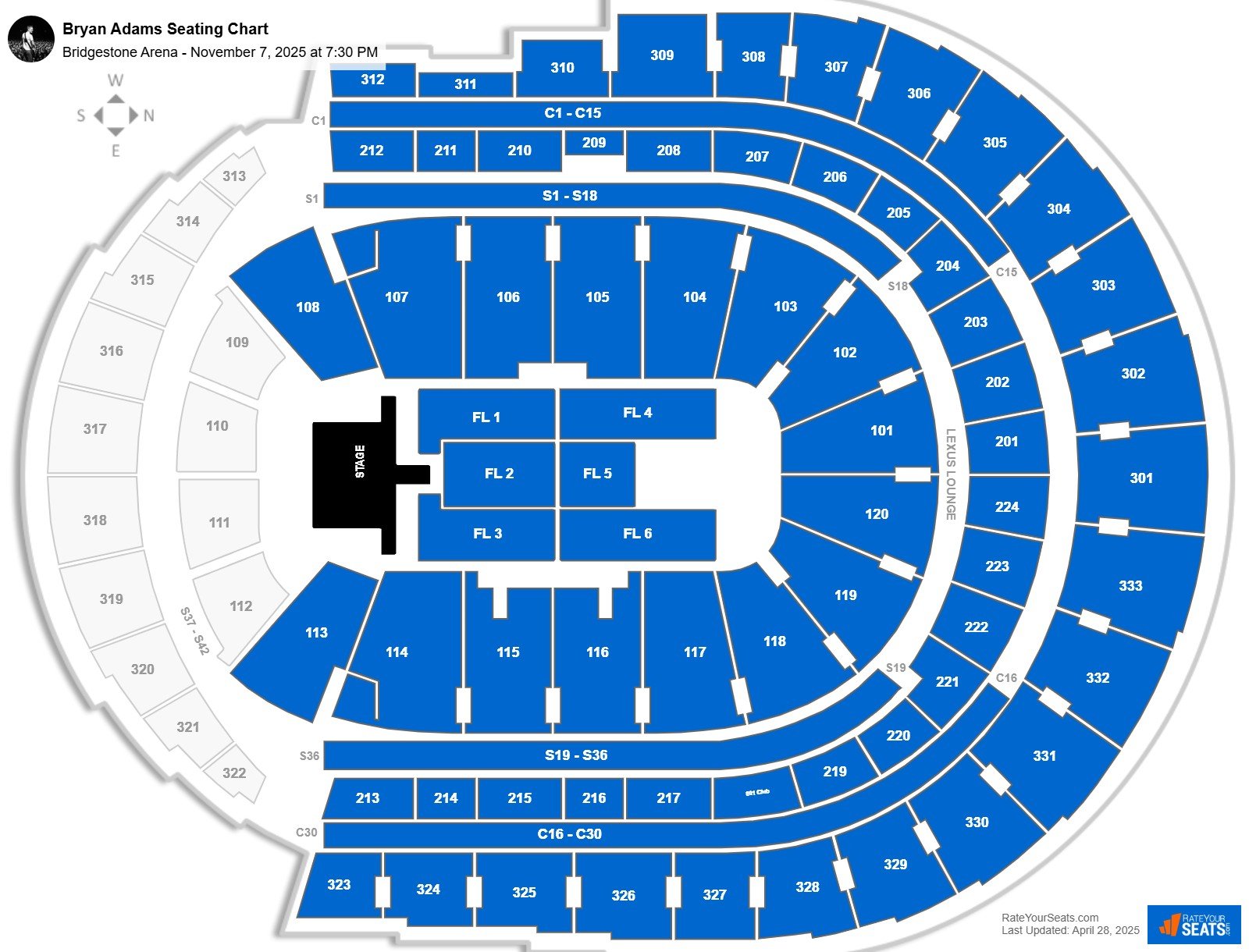 Bryan Adams seating chart Bridgestone Arena