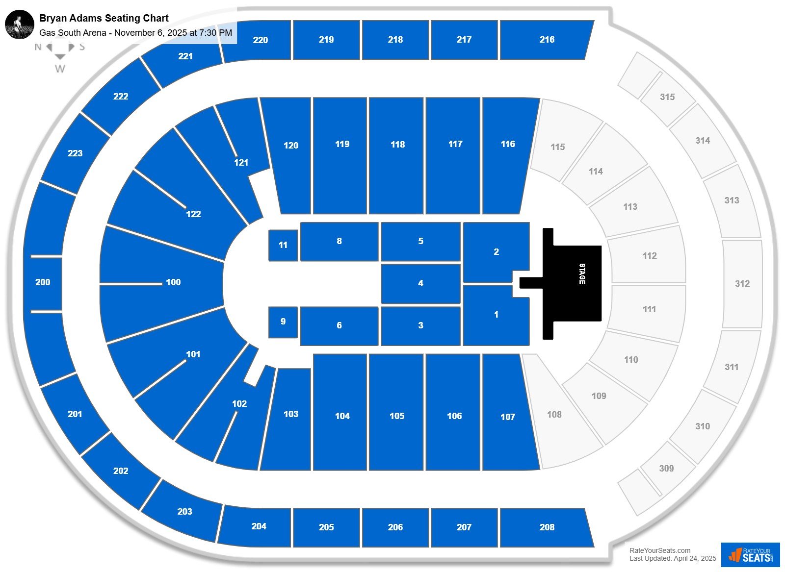 Bryan Adams seating chart Gas South Arena