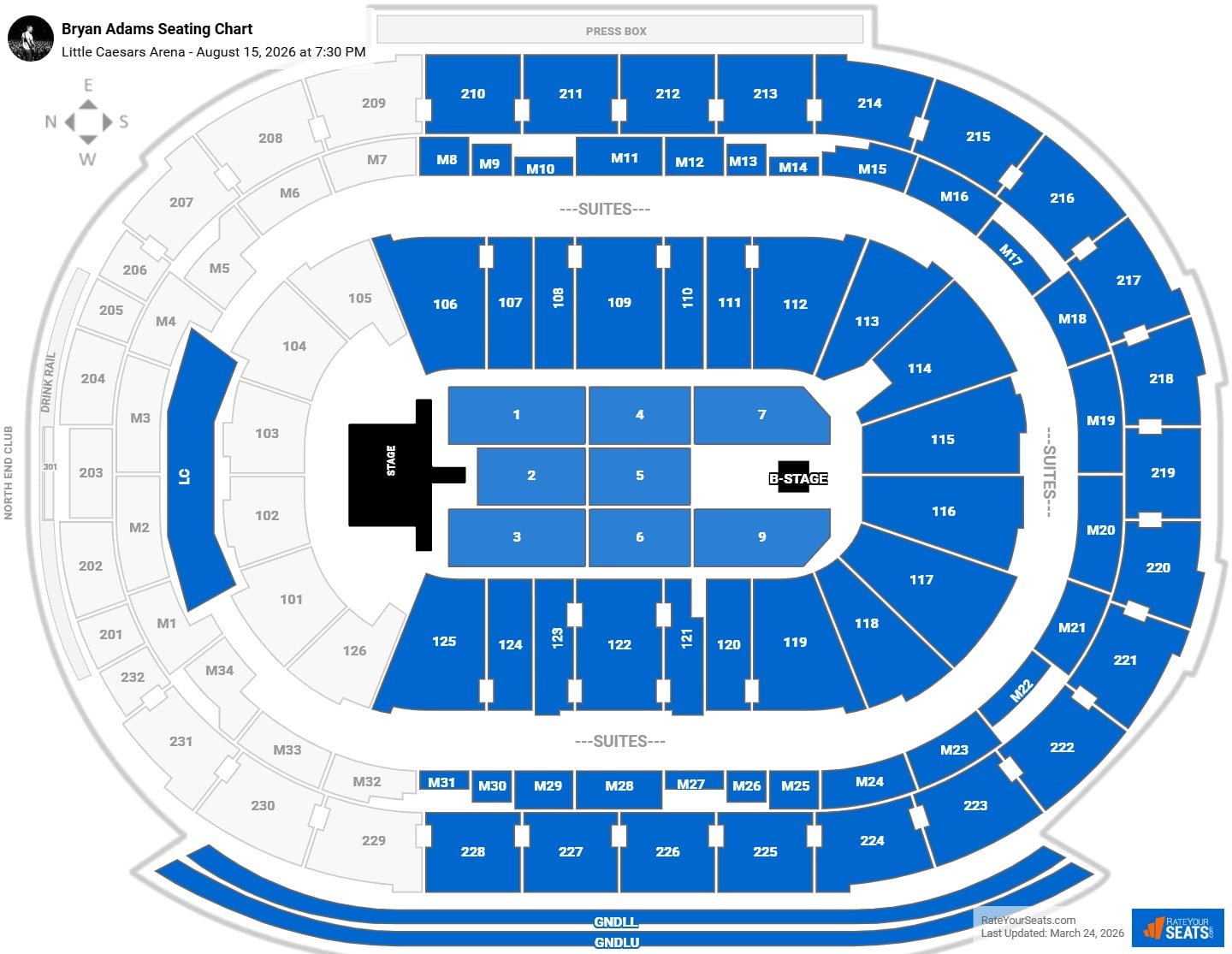 Bryan Adams seating chart Little Caesars Arena