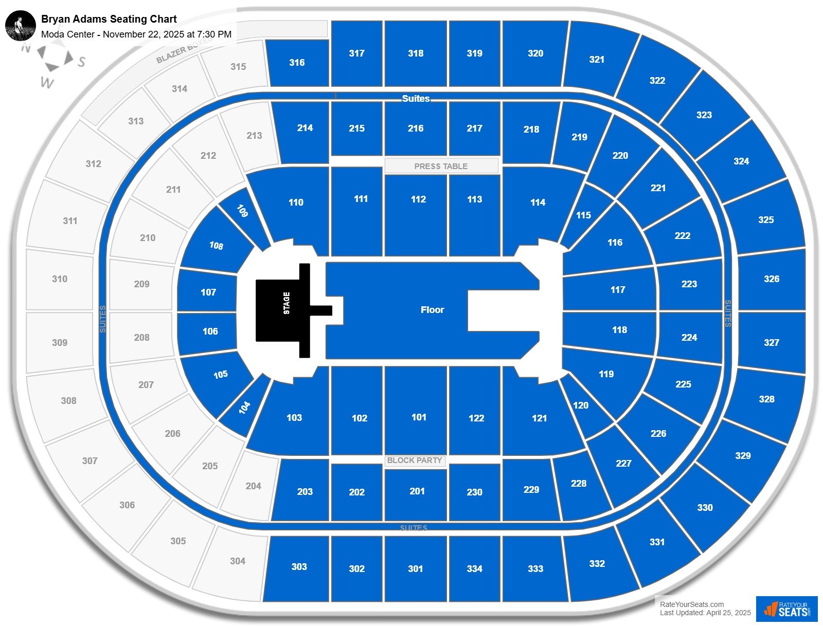 Bryan Adams seating chart Moda Center