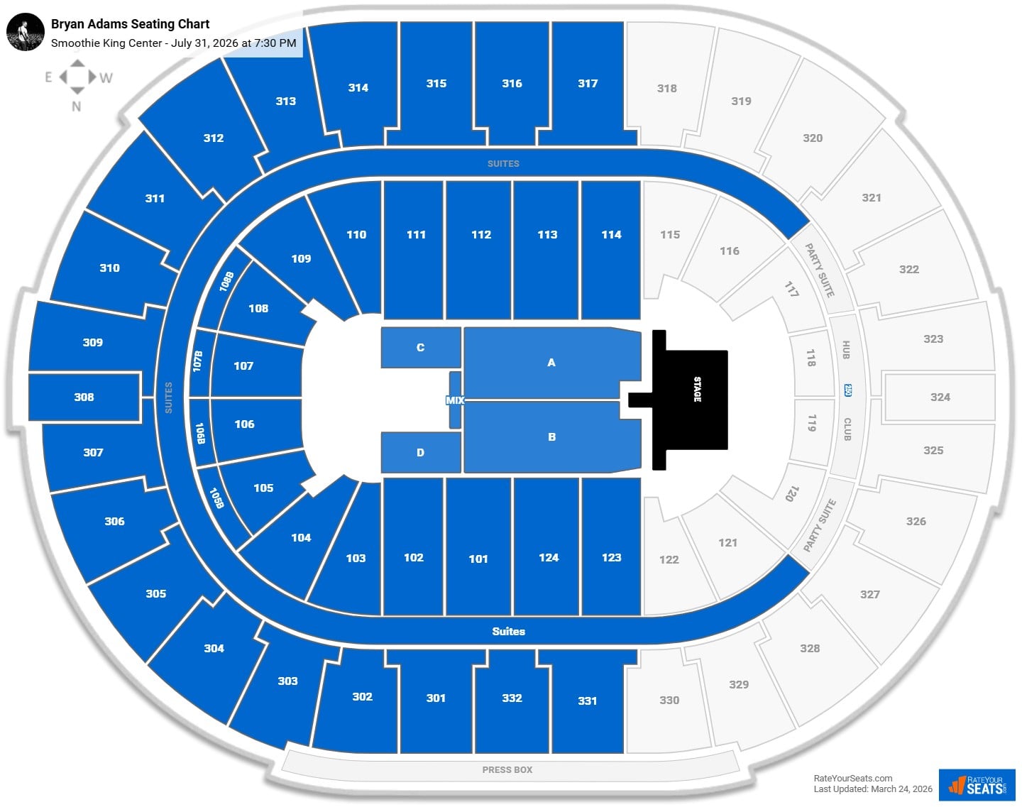Bryan Adams seating chart Smoothie King Center