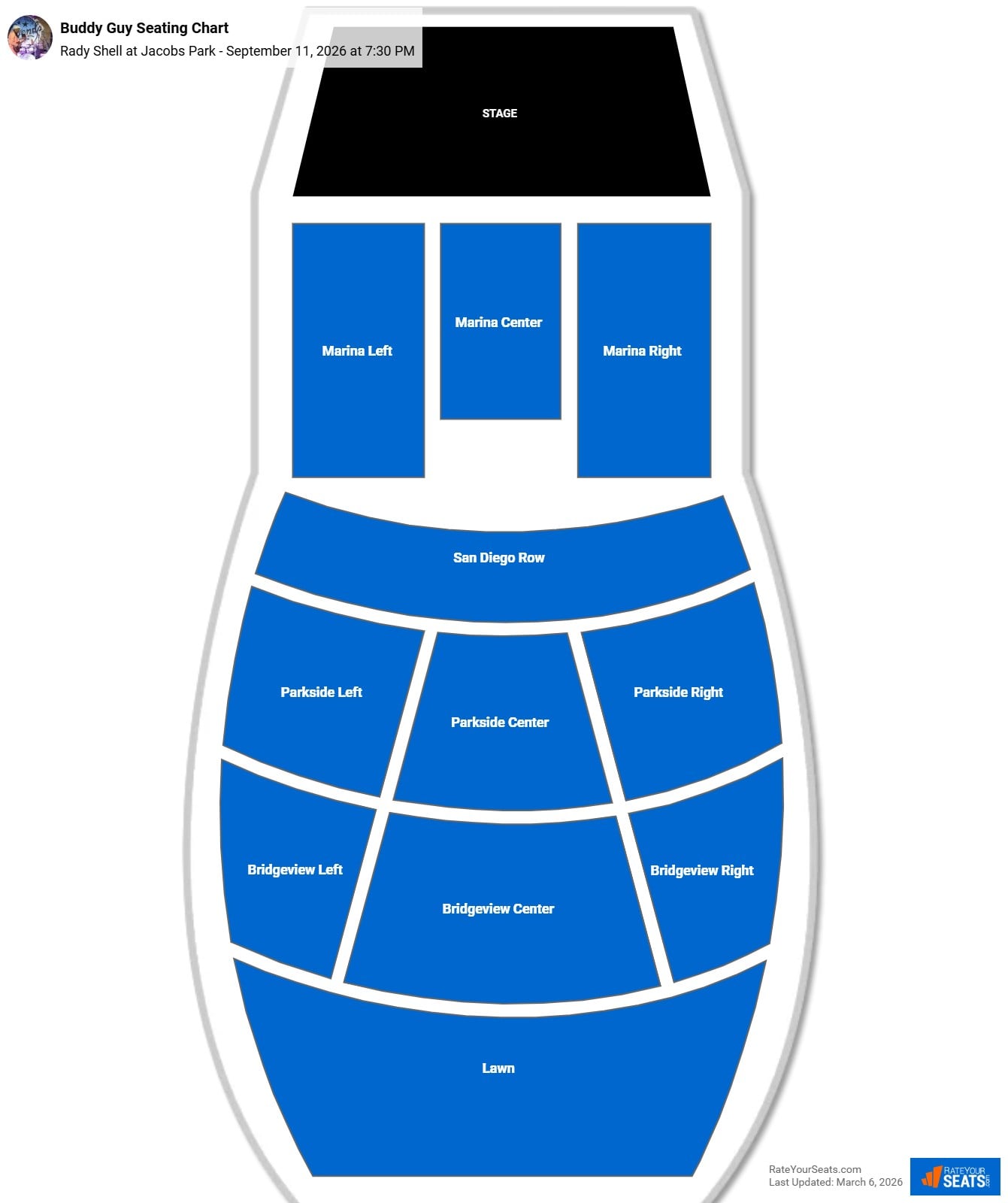 Buddy Guy seating chart Rady Shell at Jacobs Park