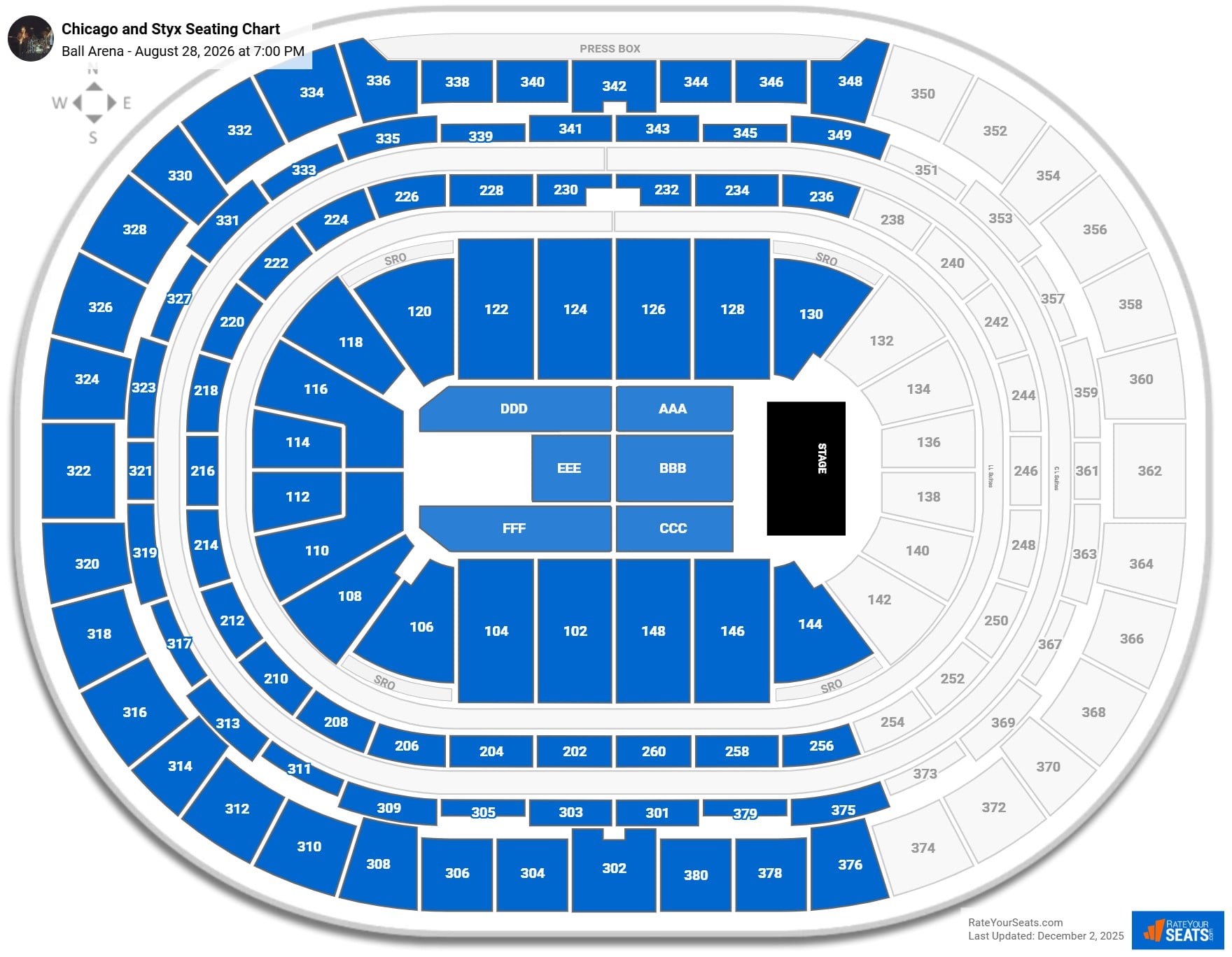 Chicago and Styx seating chart Ball Arena