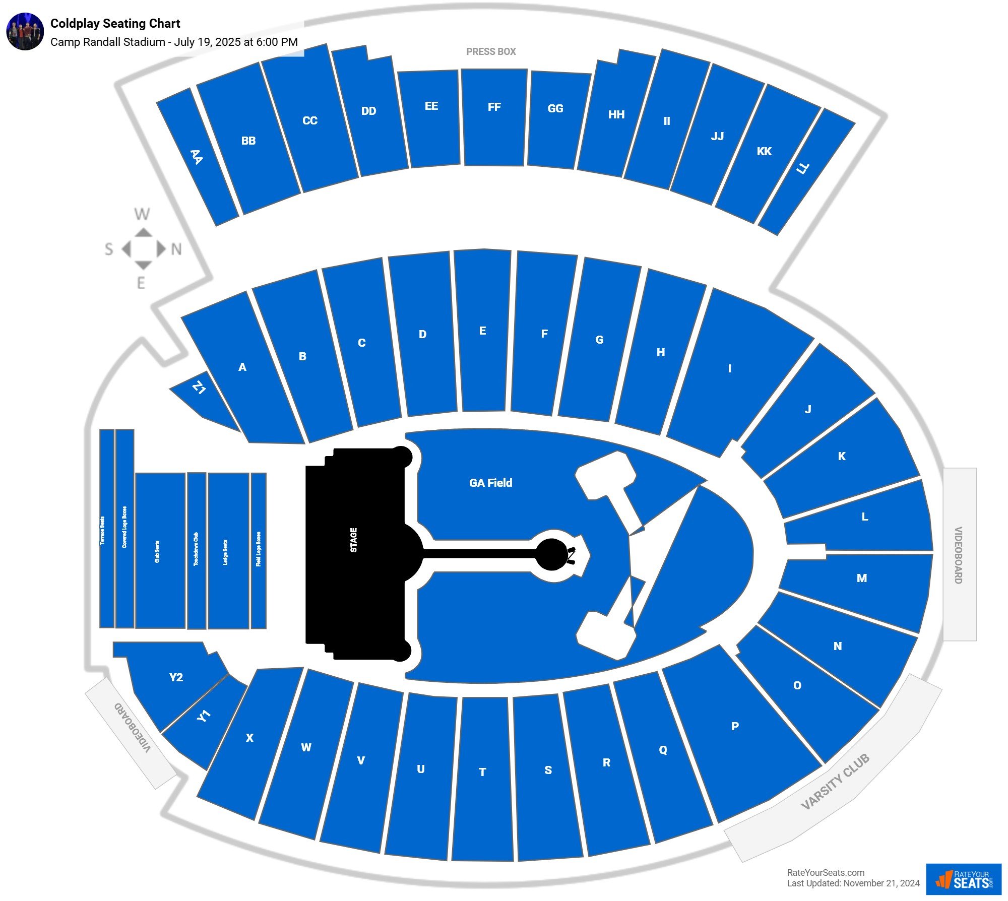 Coldplay seating chart Camp Randall Stadium