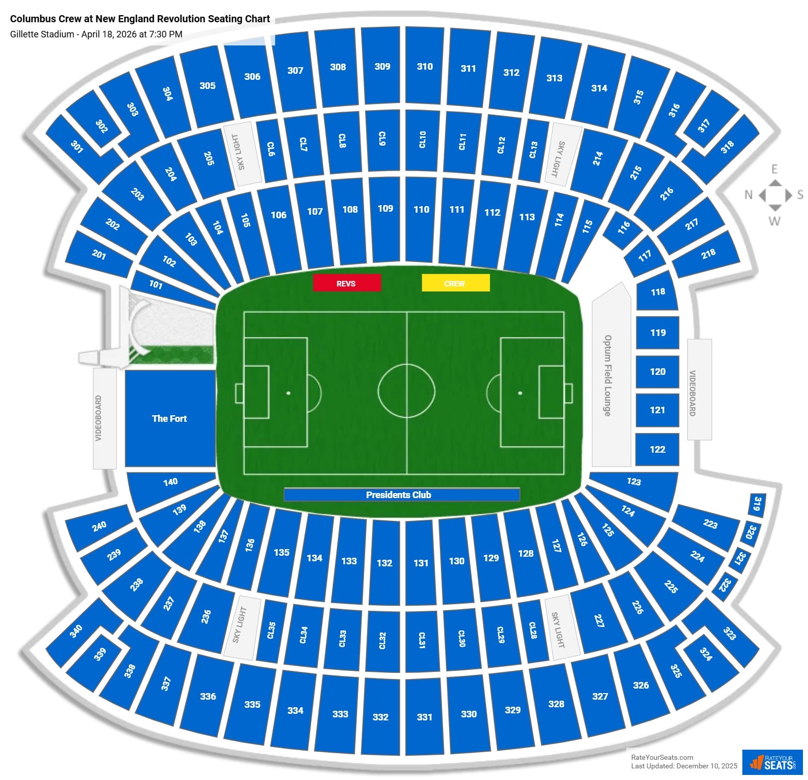 Columbus Crew at New England Revolution seating chart Gillette Stadium
