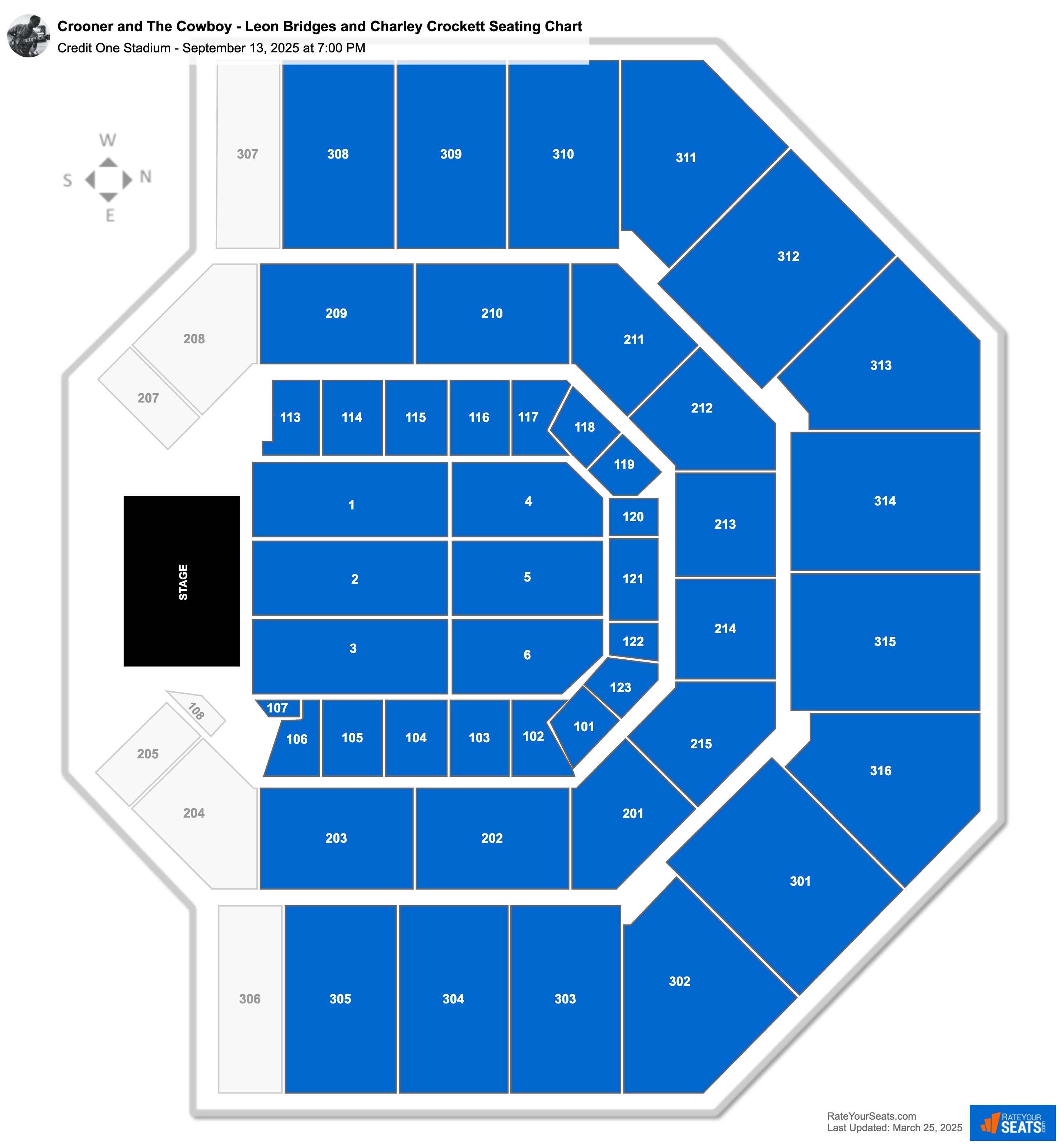 Crooner and The Cowboy - Leon Bridges and Charley Crockett seating chart Credit One Stadium